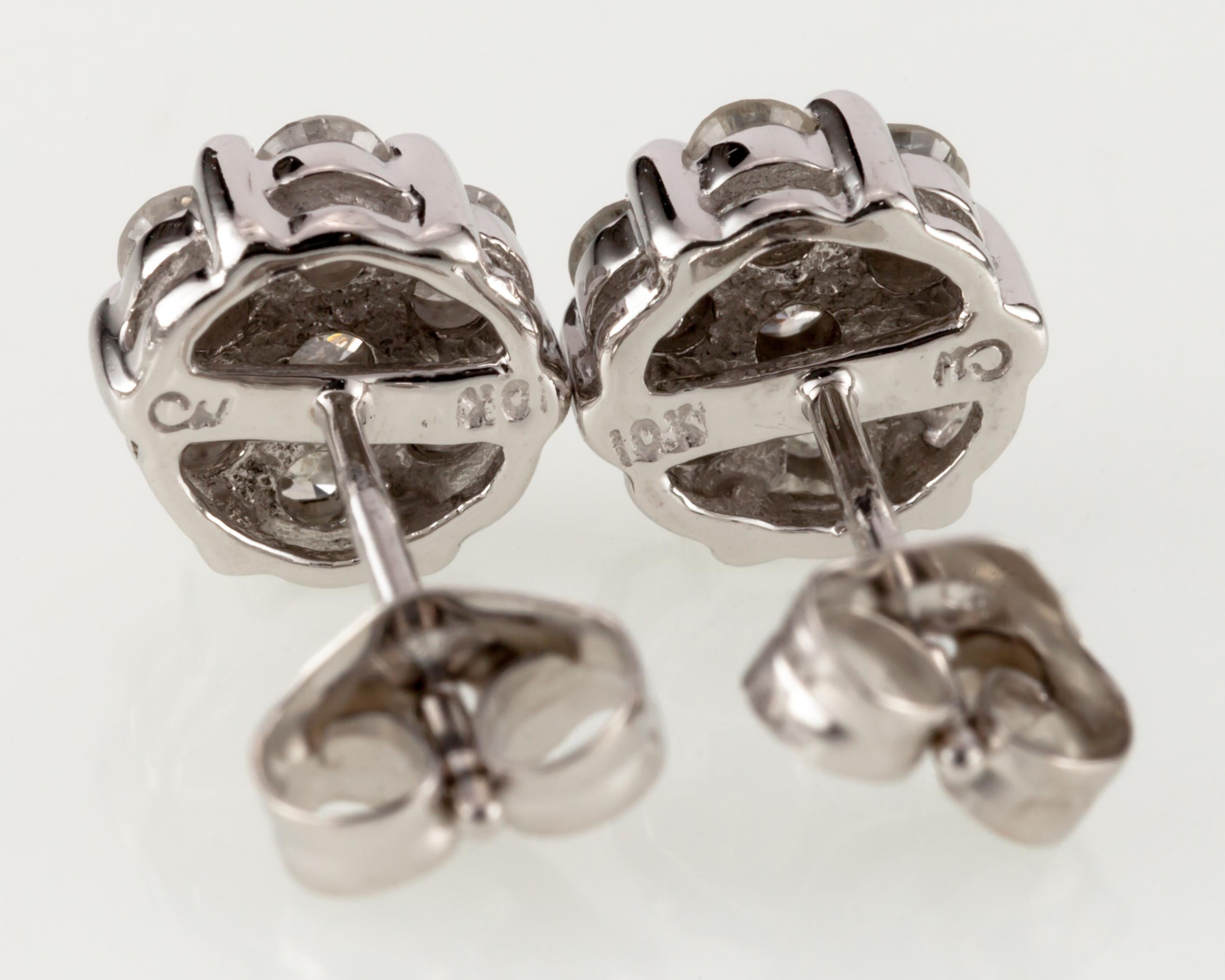 Round Cut 10K White Gold 0.56 Carat Diamond Floret Stud Earrings For Sale
