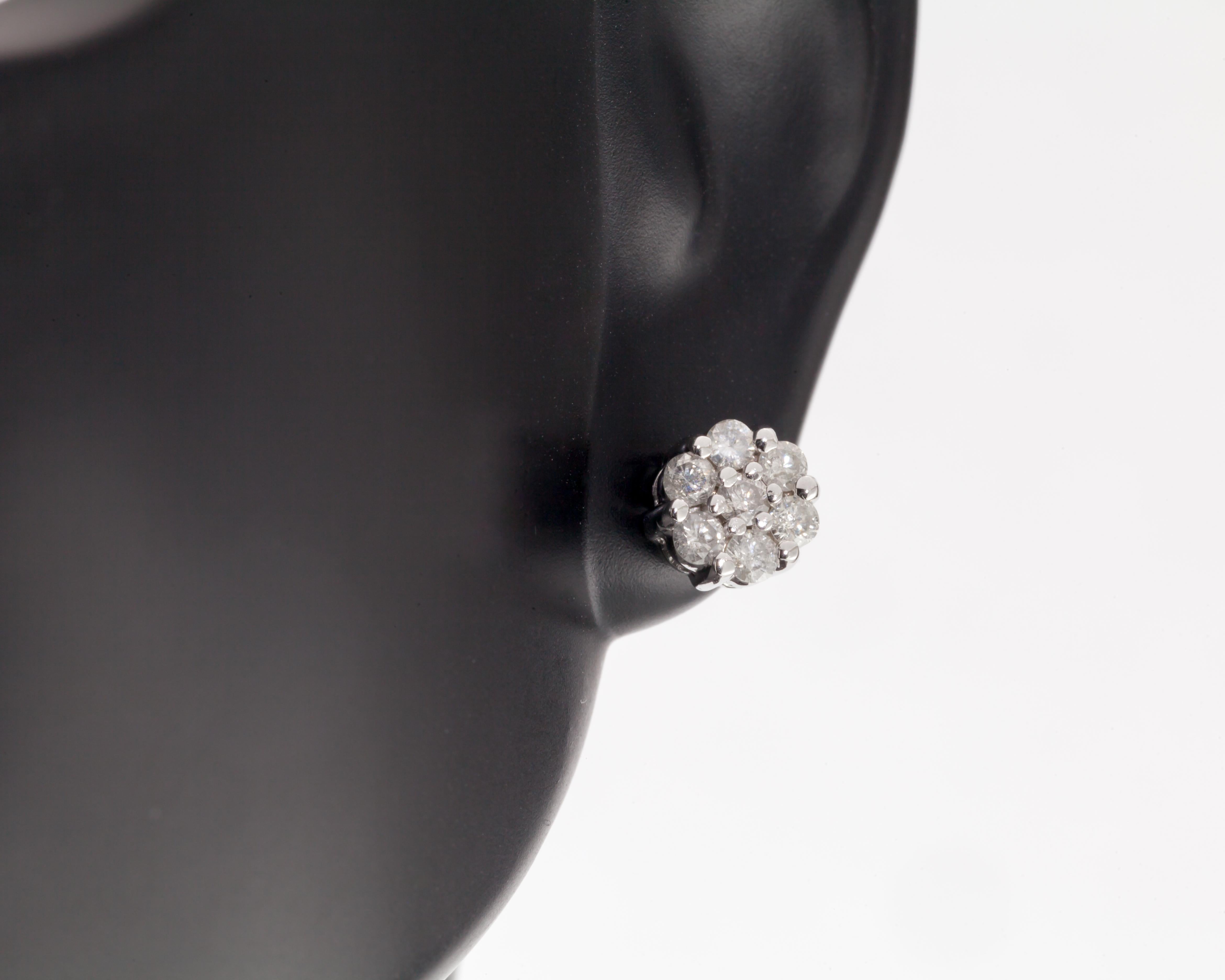 Women's or Men's 10K White Gold 0.56 Carat Diamond Floret Stud Earrings For Sale