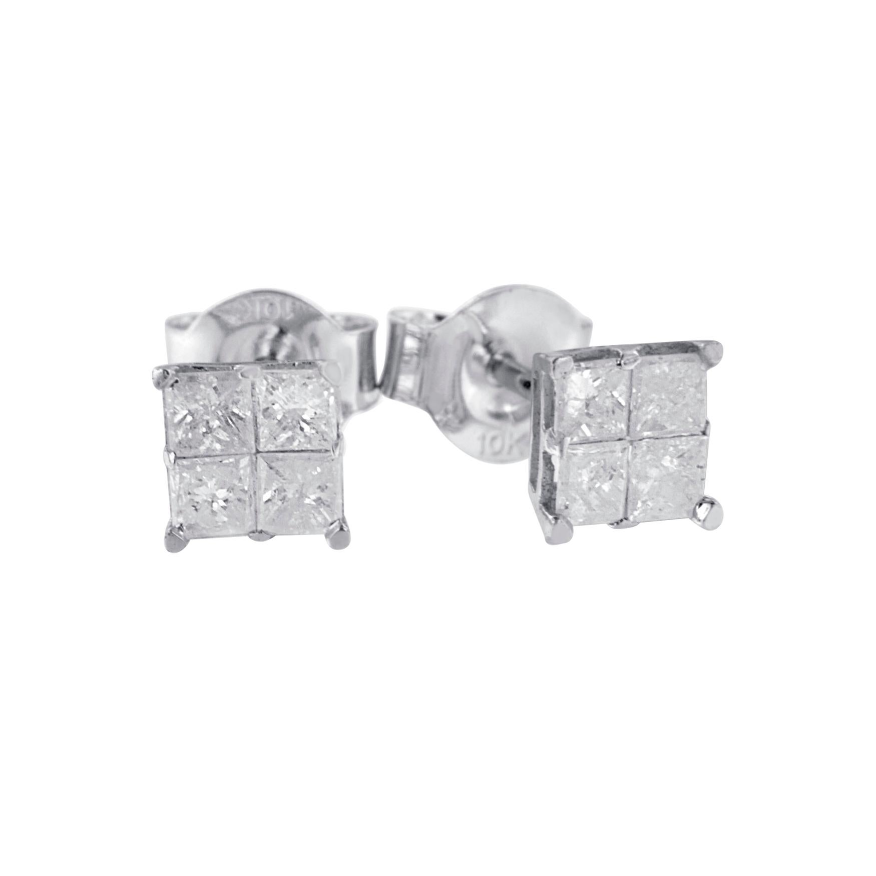 Holding eight beautiful princess-cut diamonds in an invisible pattern, these stud earrings also features 10 karat of white gold. Being secured with the pushback mechanism, this piece is quite comfortable to wear and remove. One can go for carrying