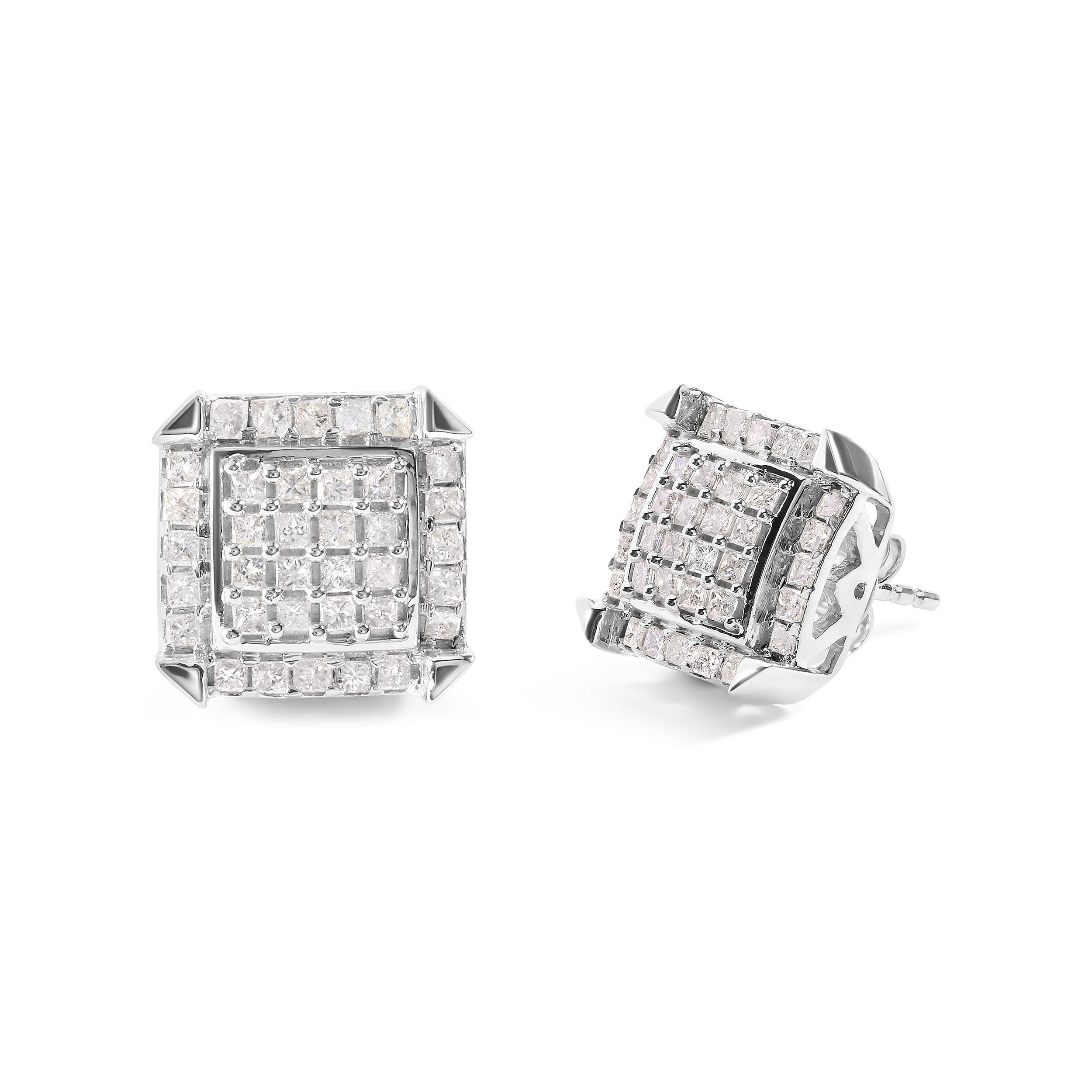 Indulge in the beauty of these stunning diamond composite and halo stud earrings, crafted from the finest 10K white gold. Featuring a total of 72 natural princess-cut diamonds arranged in a breathtaking composite design, these earrings exude