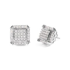 10K White Gold 1 1/10 Carat Princess Diamond Composite and Halo Stud Earrings