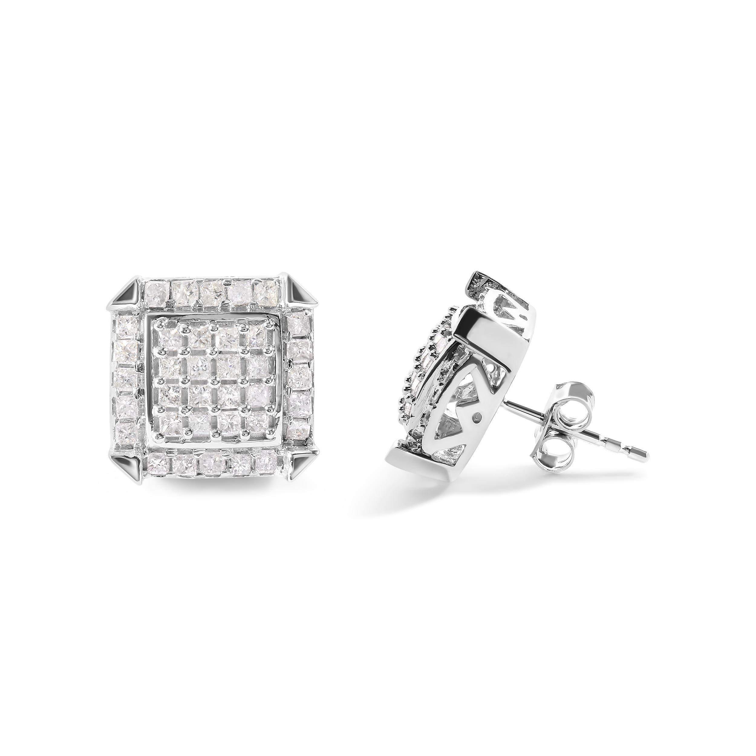 Contemporary 10K White Gold 1 1/10 Carat Princess Diamond Composite and Halo Stud Earrings For Sale