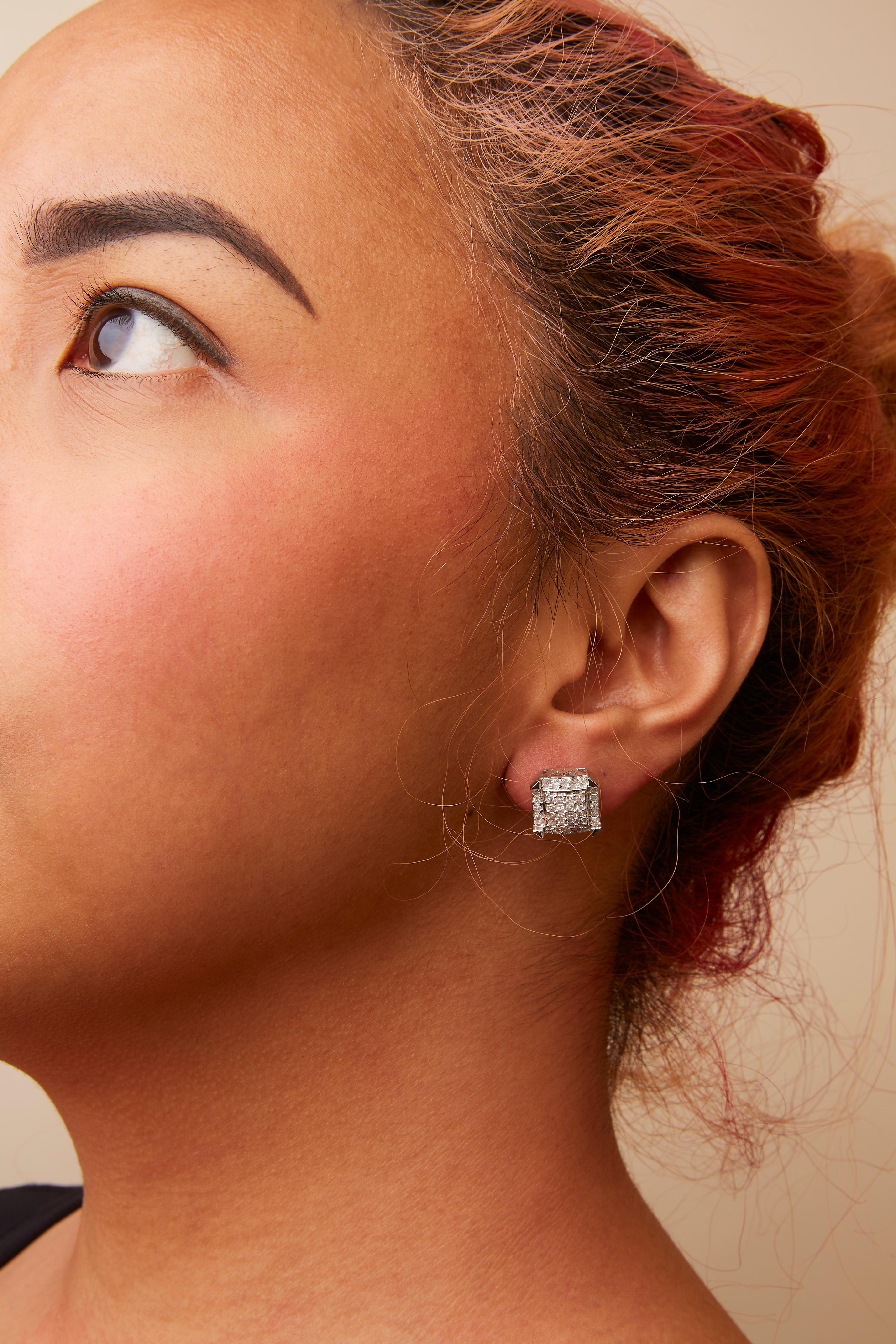 Princess Cut 10K White Gold 1 1/10 Carat Princess Diamond Composite and Halo Stud Earrings For Sale