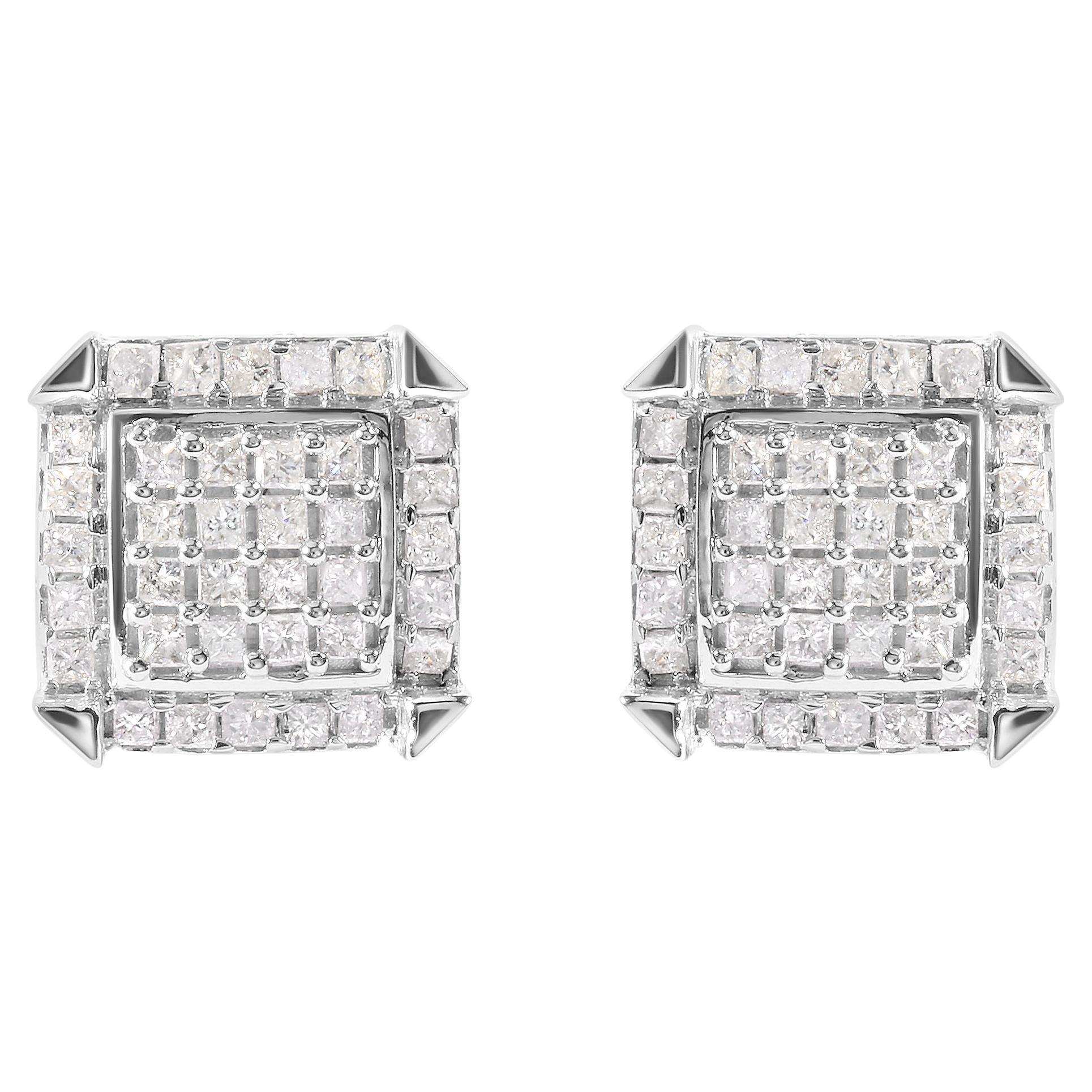 10K White Gold 1 1/10 Carat Princess Diamond Composite and Halo Stud Earrings For Sale