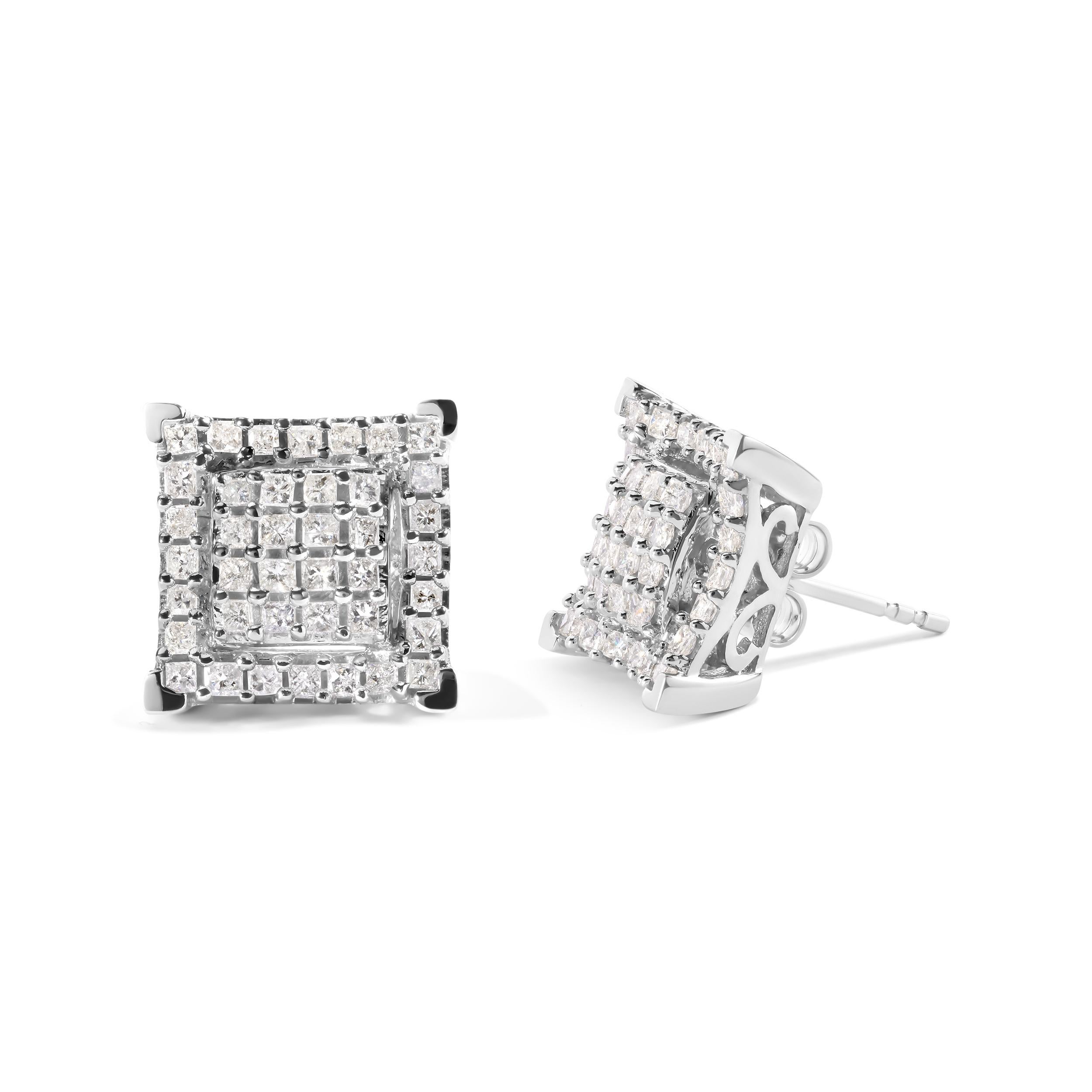 Indulge in the exquisite beauty of these 10K White Gold Princess Diamond Composite Double Square and Halo Stud Earrings. With a total weight of 1 1/4 cttw and 80 dazzling diamonds, these earrings will make a statement wherever you go. The diamond
