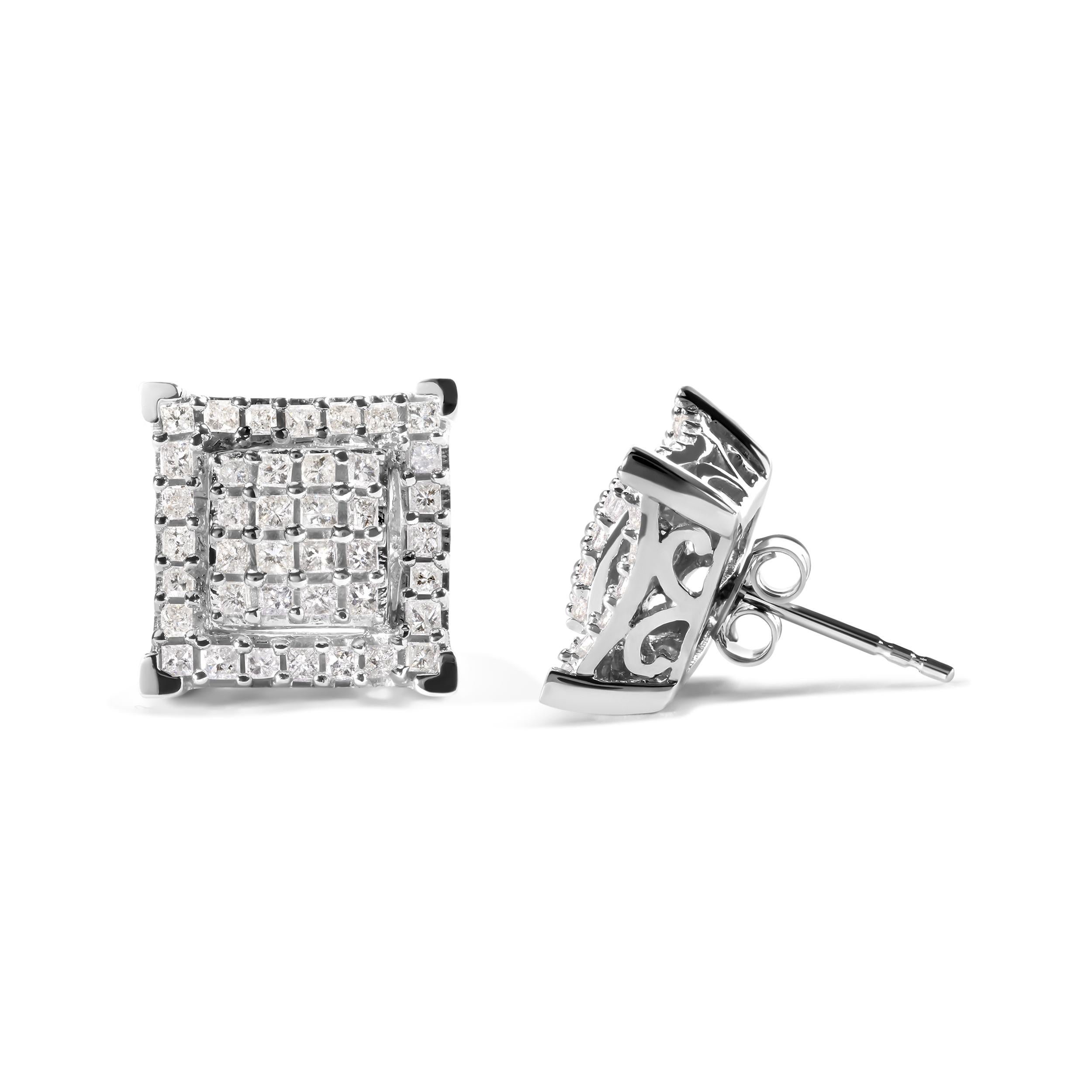 Modern 10K White Gold 1 1/4 Carat Diamond Composite Double Square and Halo Stud Earring For Sale