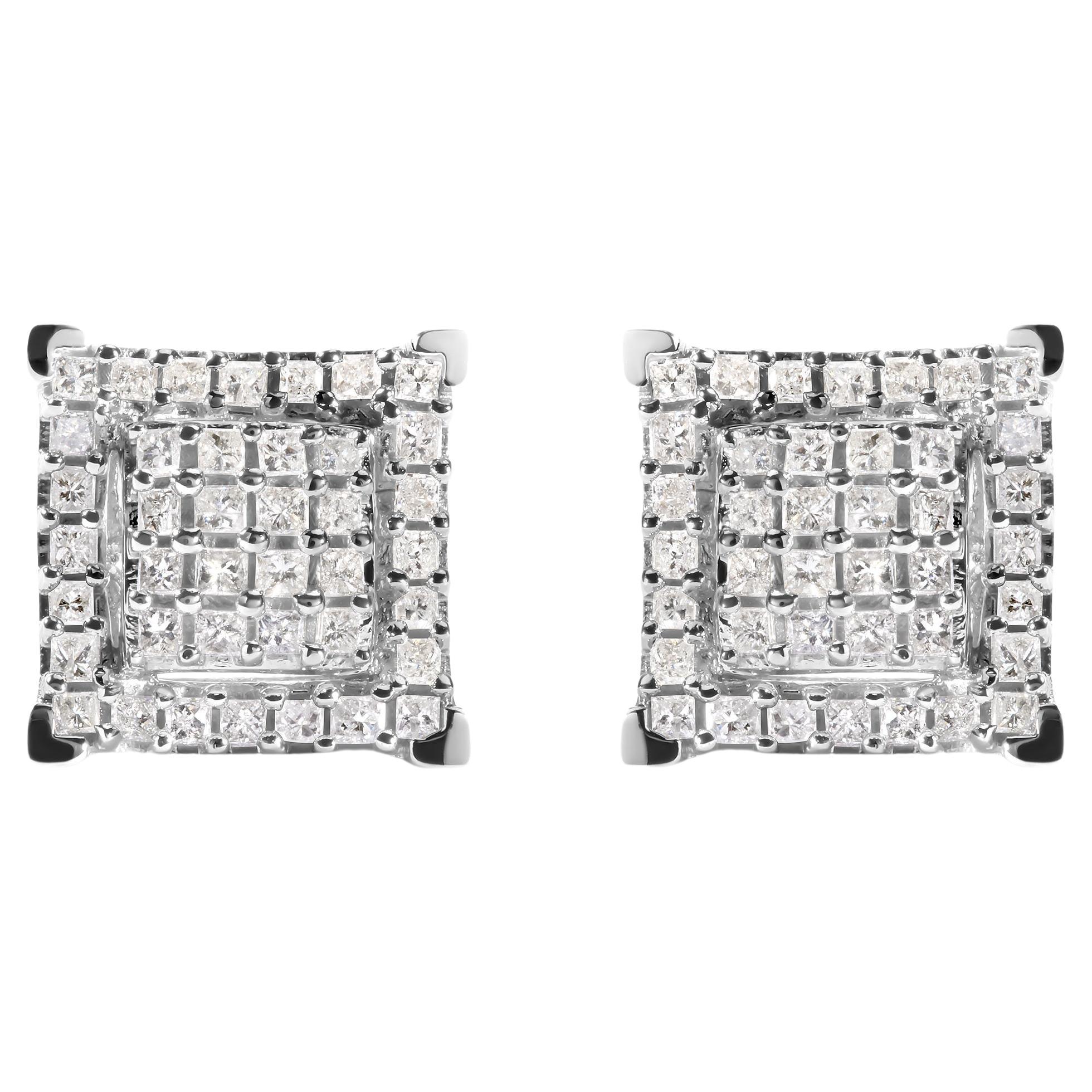 10K White Gold 1 1/4 Carat Diamond Composite Double Square and Halo Stud Earring For Sale