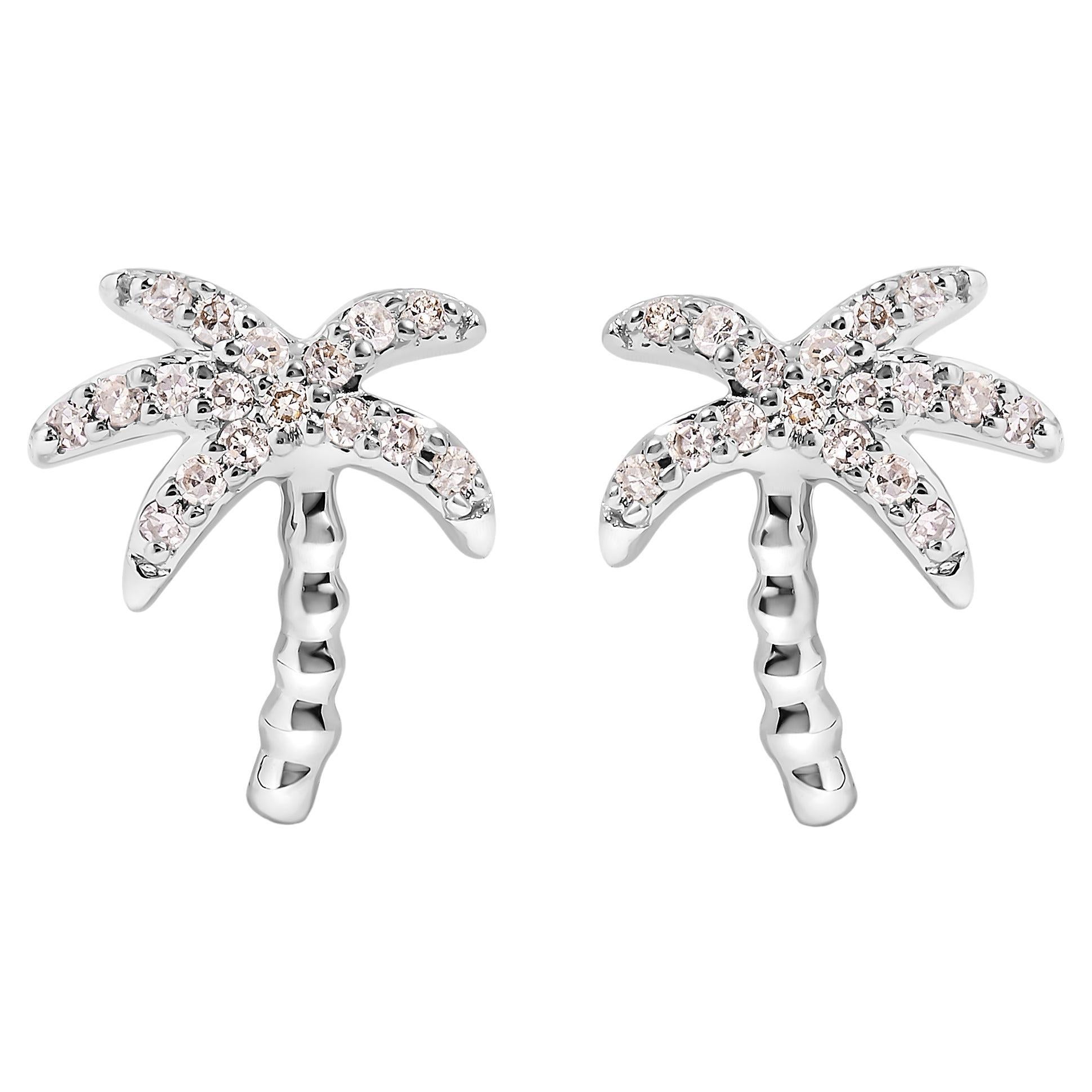 10K White Gold 1/10 Carat Diamond  Encrusted Palm Tree Stud Earrings