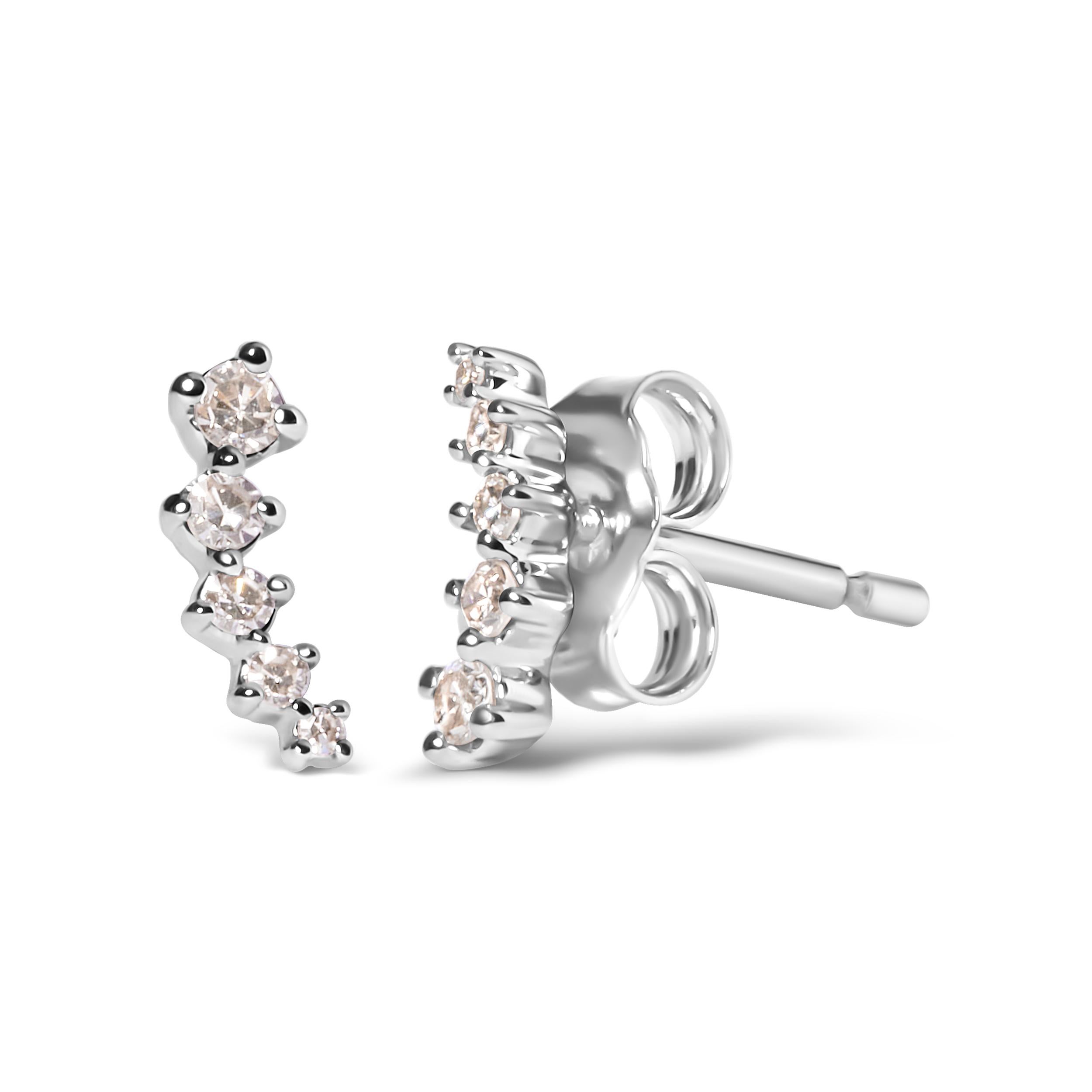 Introducing our exquisite 10K White Gold Climber Stud Earrings, a dazzling journey of elegance and style. Crafted with precision in mind, these earrings feature a total of 10 natural round diamonds, totaling 1/10 cttw. The diamonds, boasting a