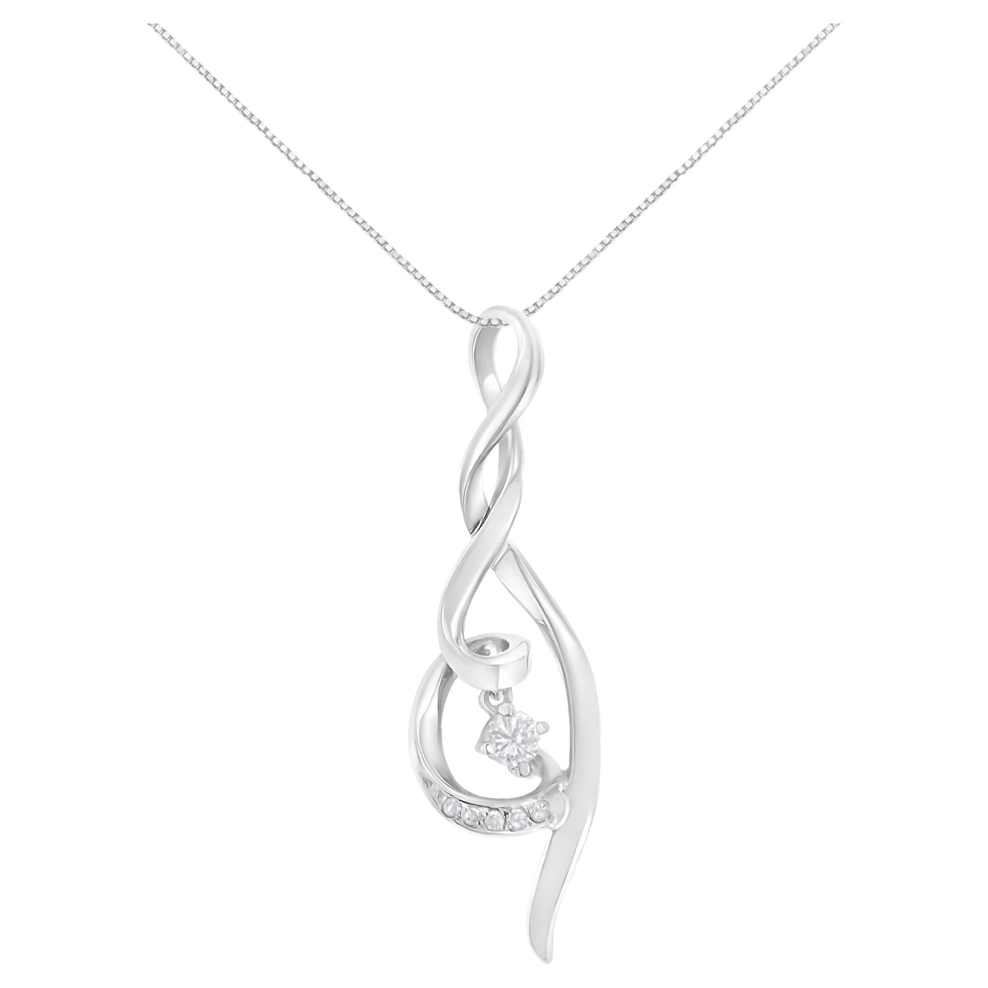 10K White Gold 1/10 Carat Diamond Swirl Pendant Necklace For Sale