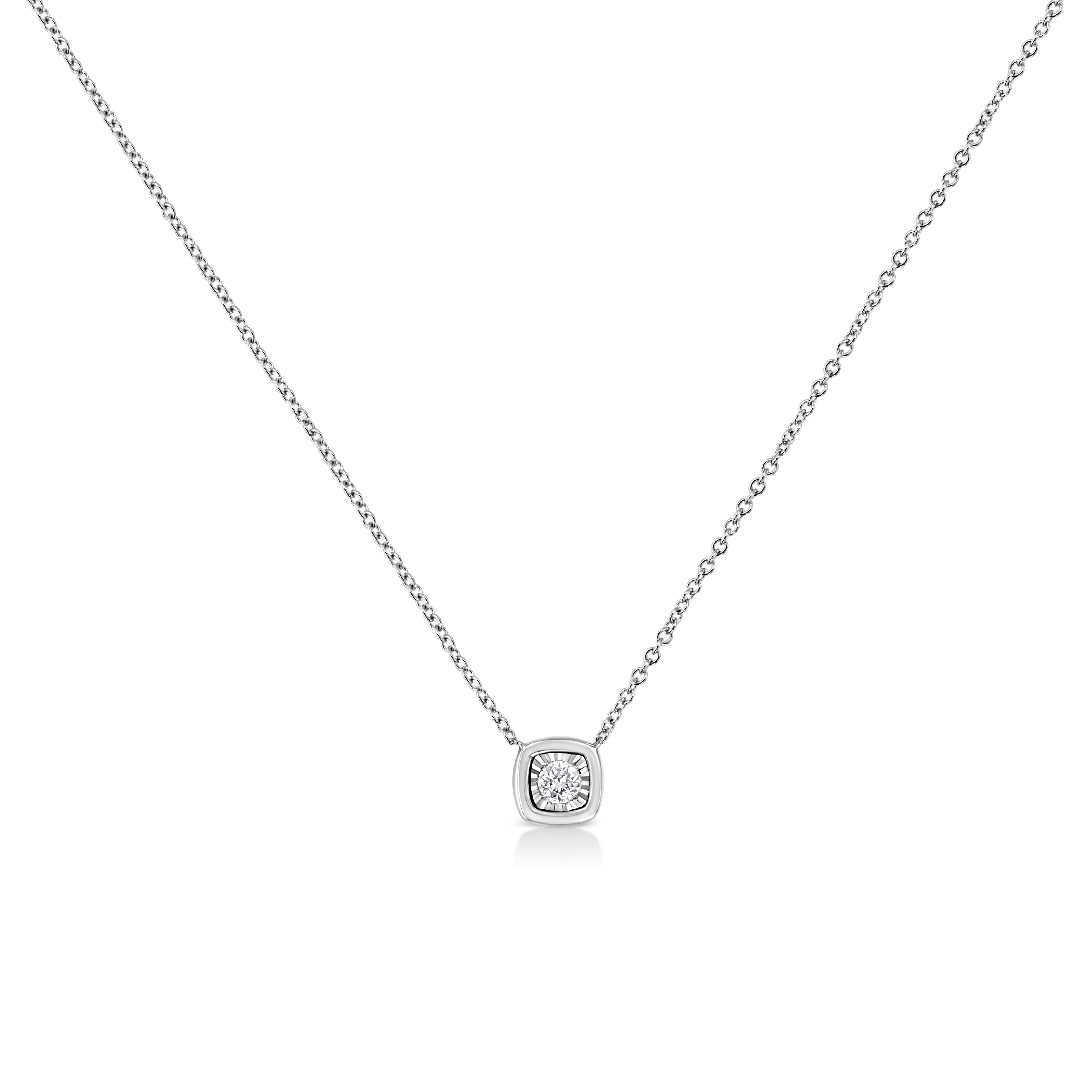 Haven’t we all had the dream of getting ready like a queen for that special day. This square shaped diamond pendant necklace is designed for that queen in you. This 10k white gold pendant is studded with a single 1/10 carat round-cut diamond and is