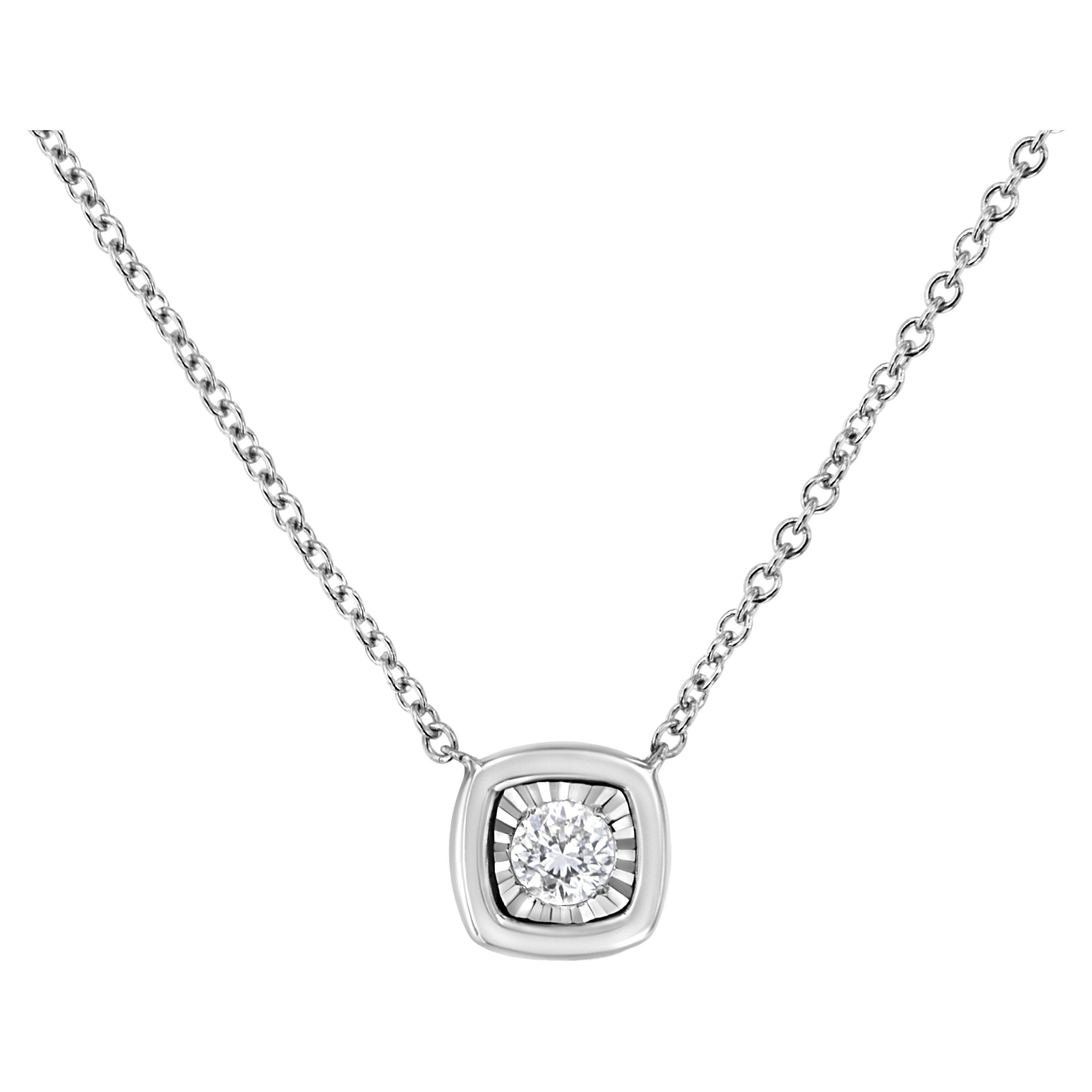10K White Gold 1/10 Carat Miracle Round Diamond Cushion Shape Pendant Necklace For Sale