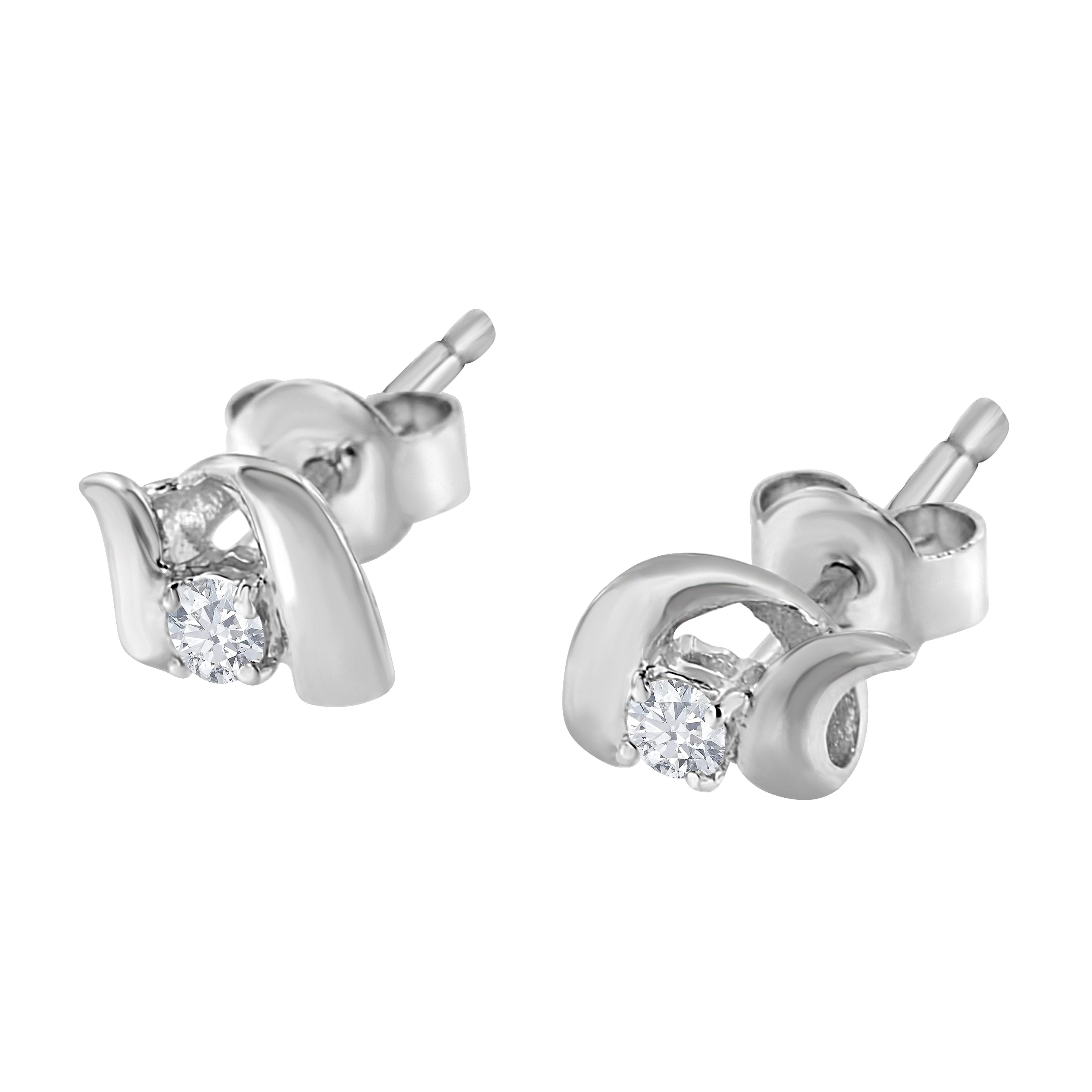 Contemporary 10K White Gold 1/10 Carat Push-Back Prong-Set Swirl Stud Earring For Sale
