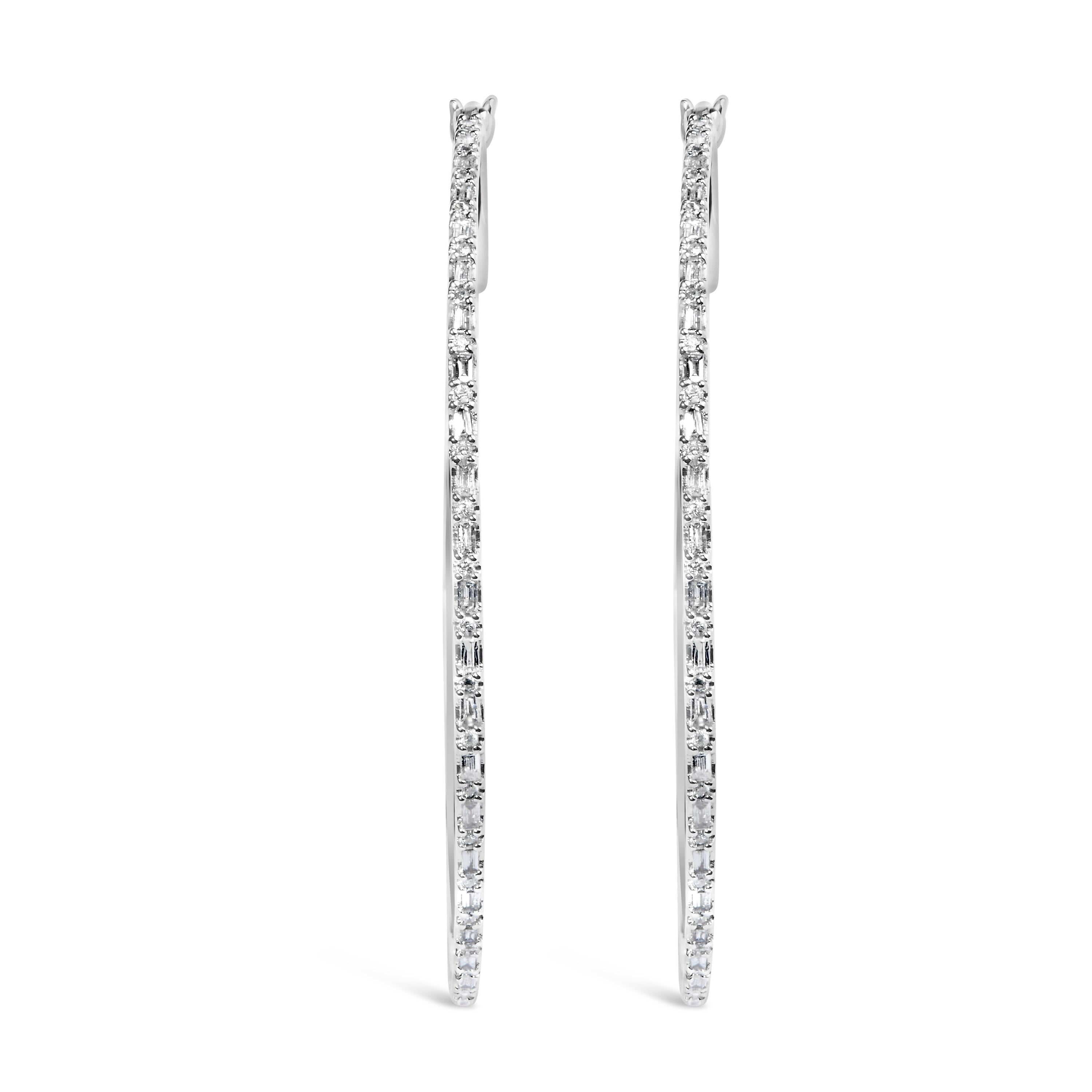 Indulge in timeless elegance with our Baguette and Round Alternating Diamond Hoop Earrings, crafted from lustrous 10K white gold. Adorned with 100 natural diamonds totaling 1/2 cttw, including 50 round and 50 baguette-cut stones, they sparkle with