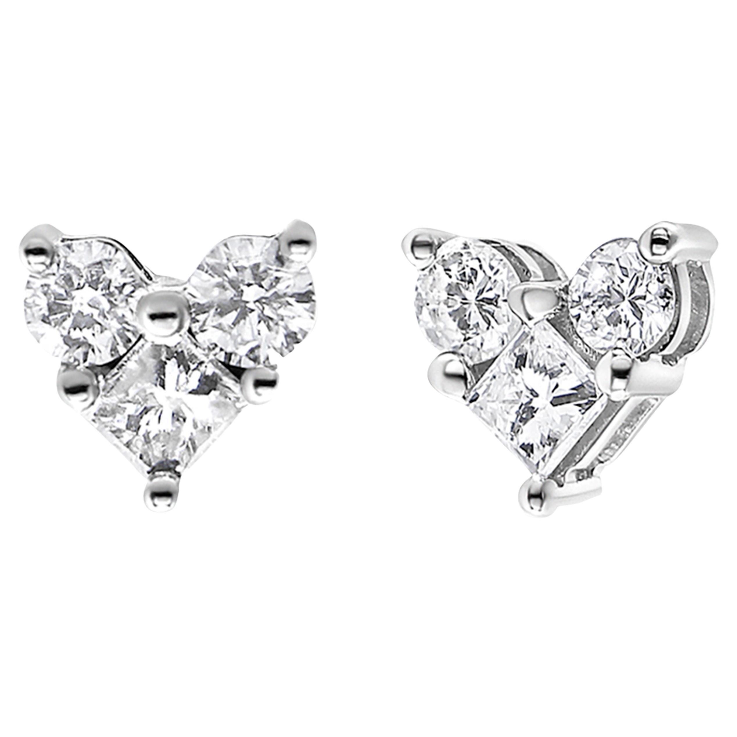 10K White Gold 1/2 Carat Diamond 3 Stone Trio Heart Stud Earrings