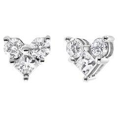 10K White Gold 1/2 Carat Diamond 3 Stone Trio Heart Stud Earrings