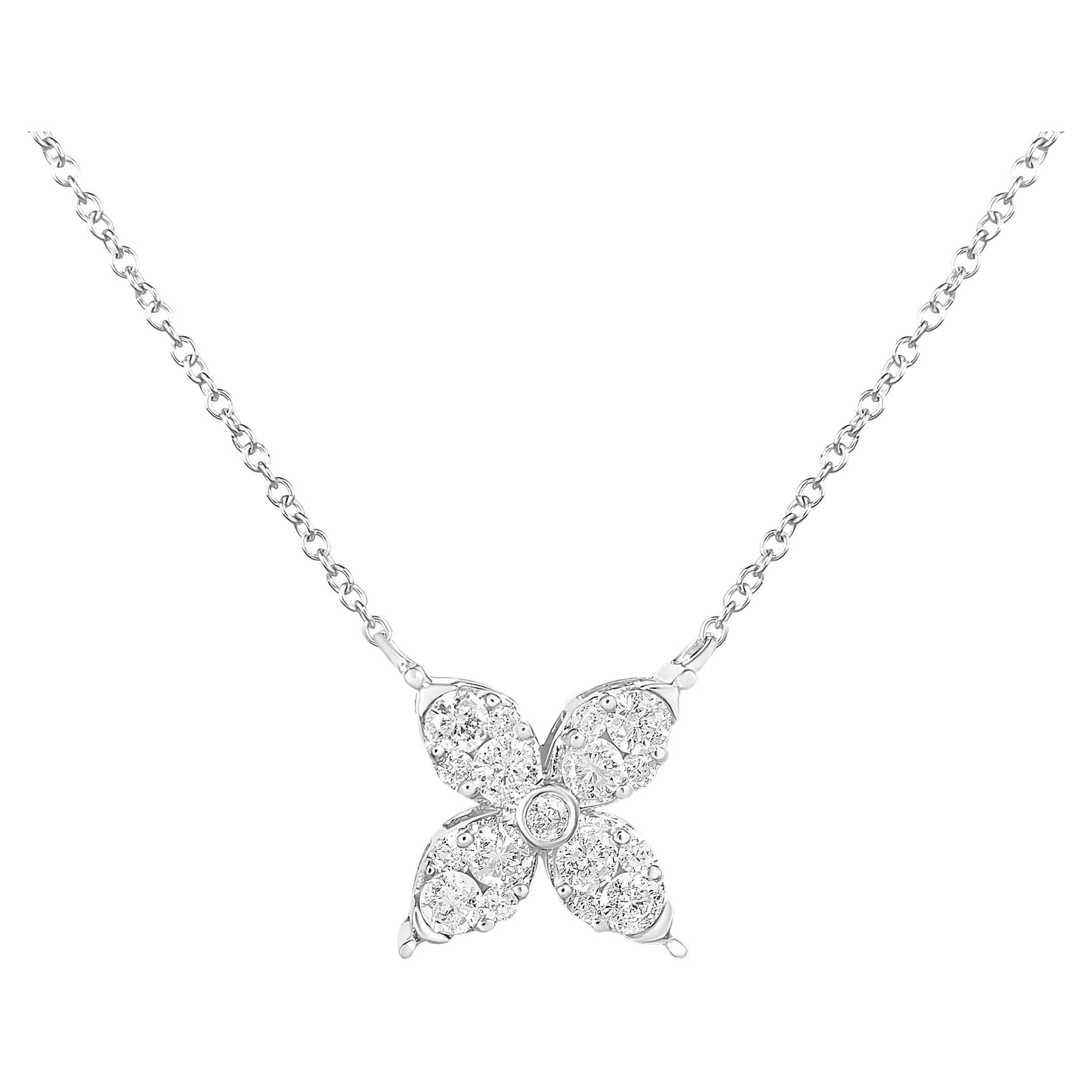 Collier pendentif réglable en or blanc 10 carats avec trèfle à 4 feuilles et diamants de 1/2 carat