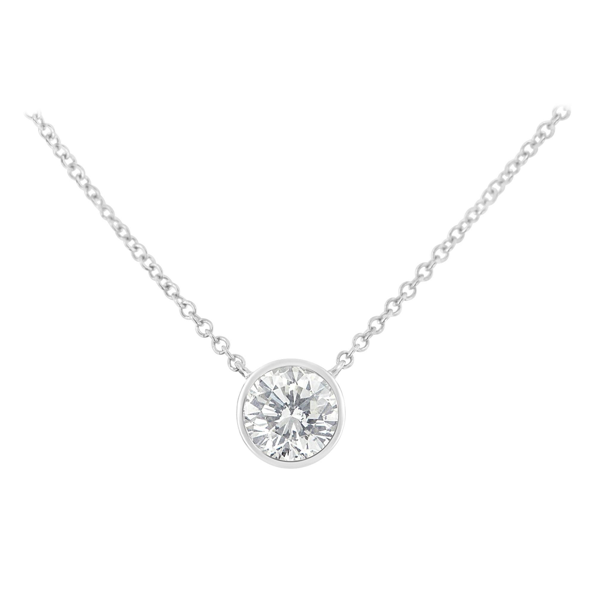 10K White Gold 1/2 Carat Diamond Bezel-Set Solitaire Pendant Necklace For Sale