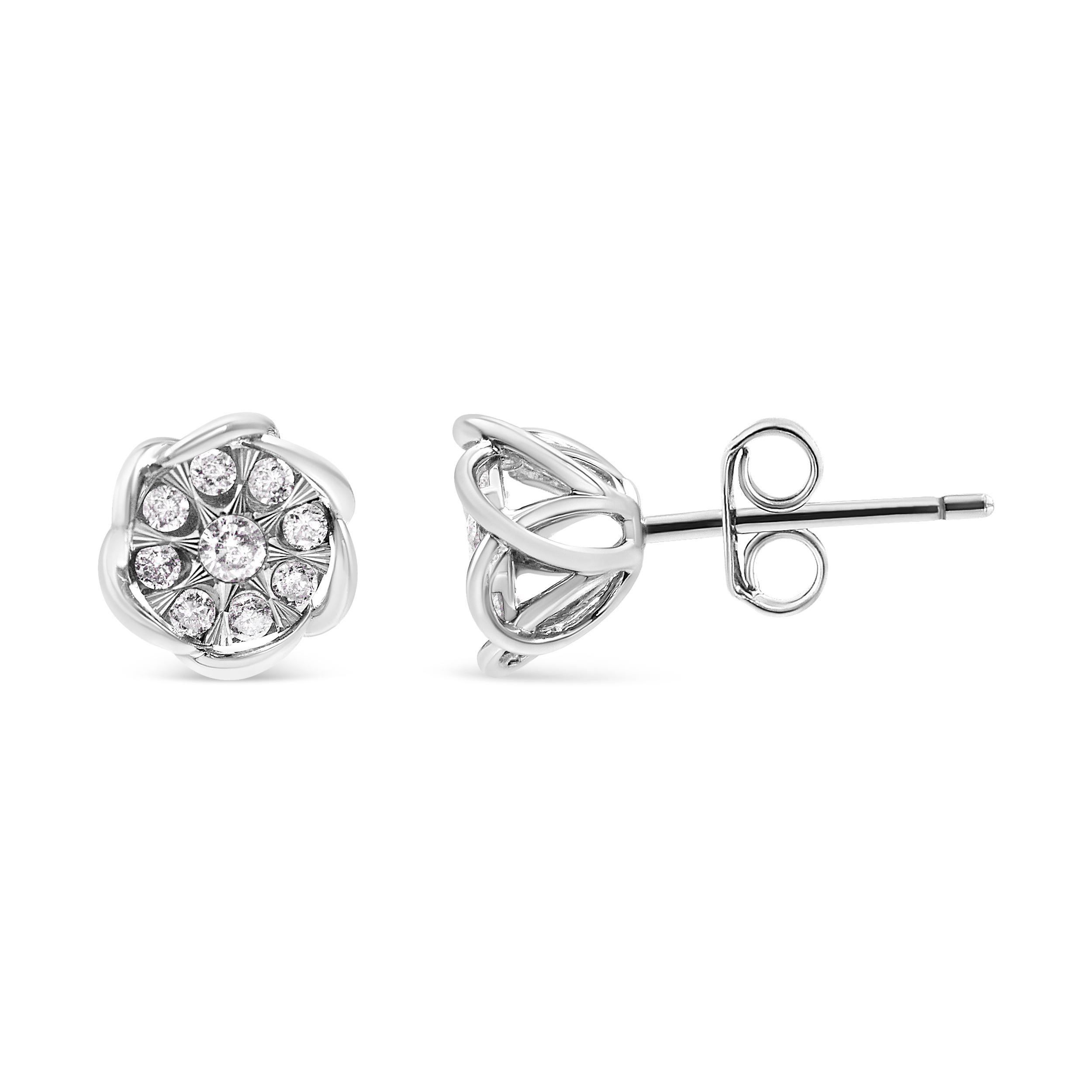 Contemporary 10K White Gold 1/2 Carat Diamond Floral Cluster Swirl Stud Earrings