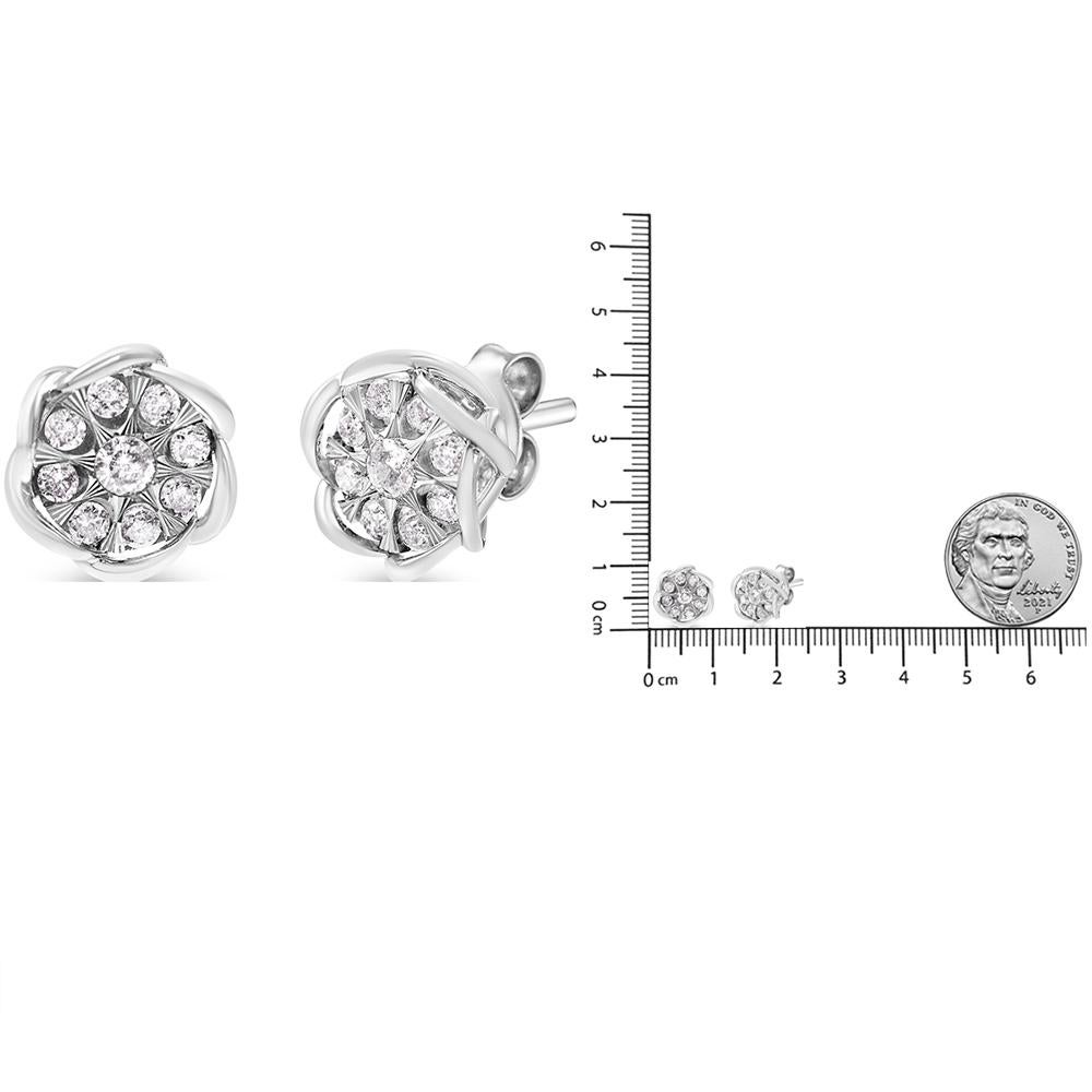 10K White Gold 1/2 Carat Diamond Floral Cluster Swirl Stud Earrings In New Condition In New York, NY