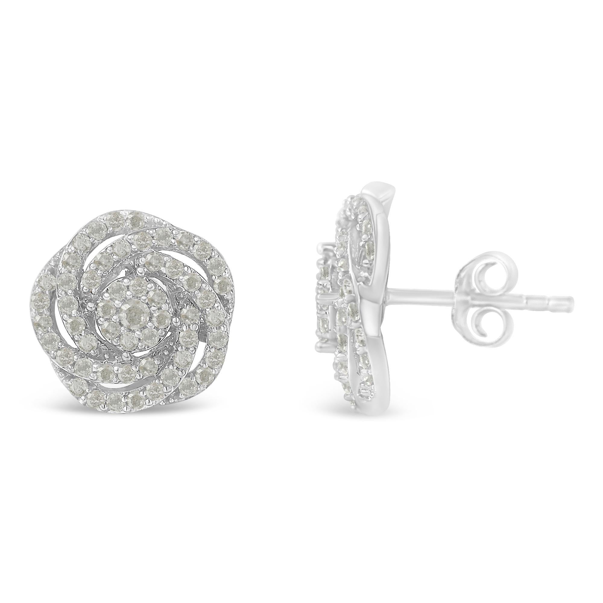 Delicate flower stud earring with a modern design that resembles a rose. The structure is made with 10k white gold and it features 108 round-cut genuine diamonds in a prong setting. The total diamond weight is 1/2ct. This fine jewelry piece is
