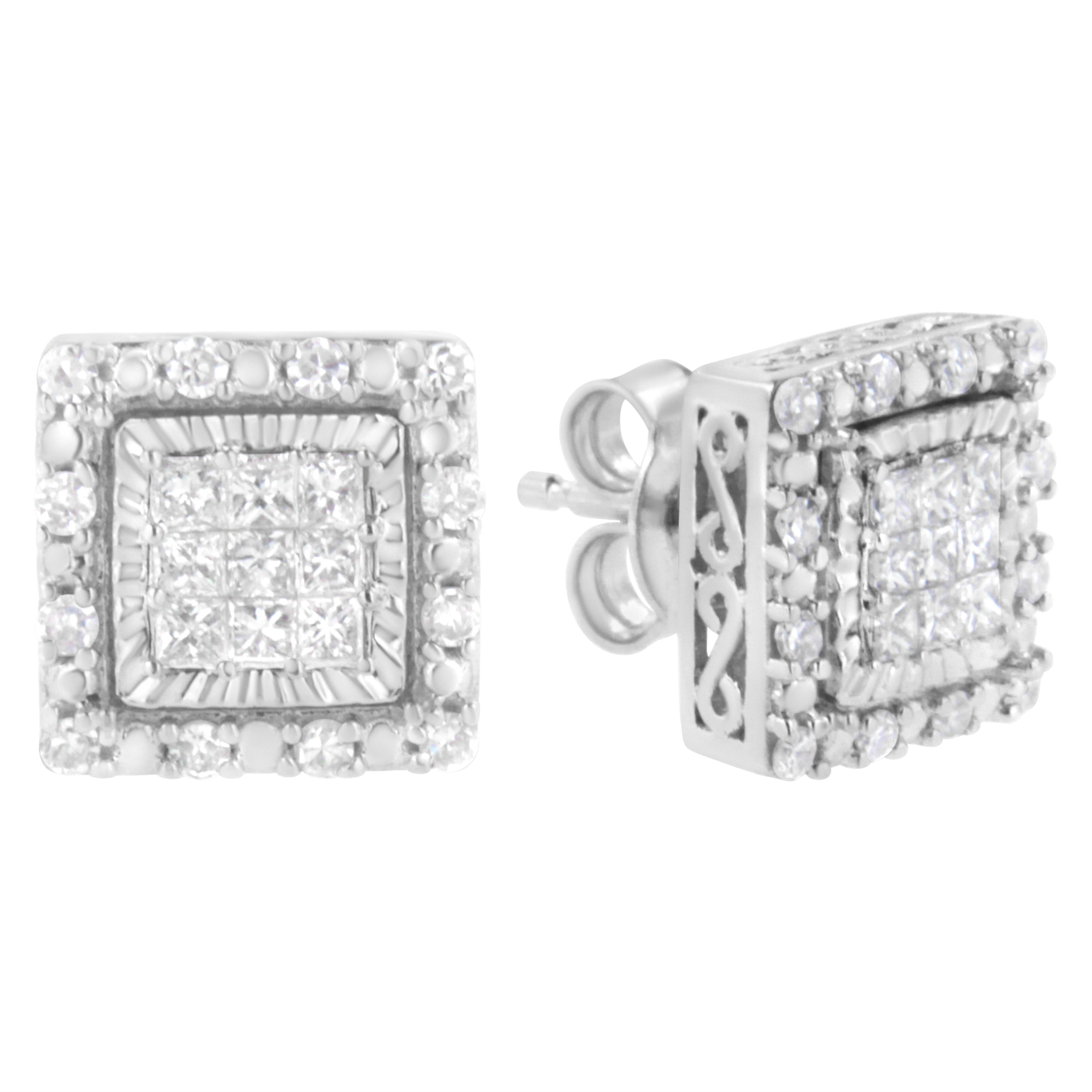 Add sparkle to your day with these 10k white gold princess earrings. Each earring features 9 princess cut diamonds wrapped in a white gold ribbon as the centerpiece of the design. A glimmering round cut diamond halo frames the central design. A