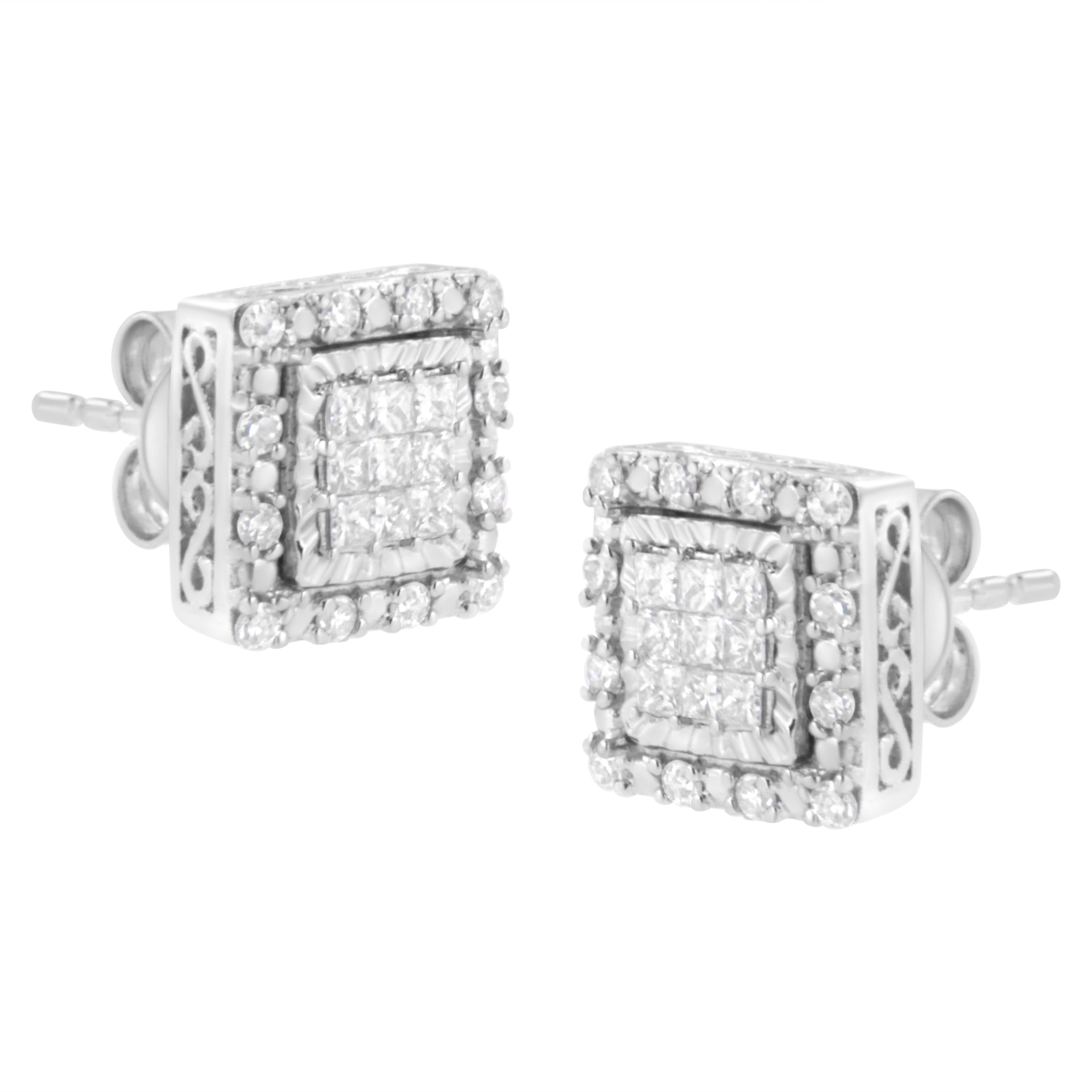 Round Cut 10K White Gold 1/2 Carat Invisible Set Princess-Cut Diamond Square Stud Earring For Sale
