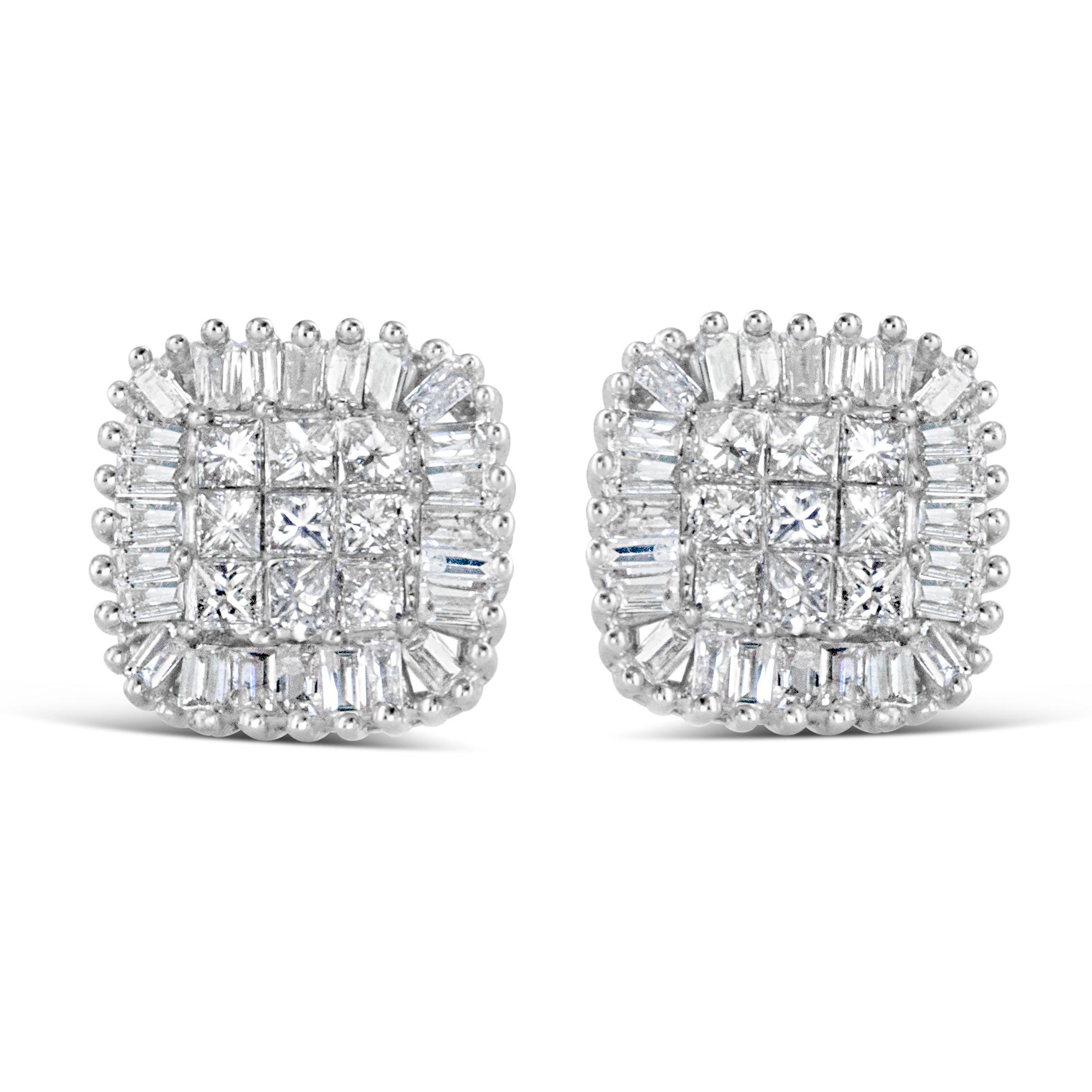 From the princess cut diamonds to the baguette diamonds that line the edges, these stud earrings radiate sparkle. The princess diamonds sit cleverly in an invisible setting that perfectly showcases the sparkling stones and the precious metal of the