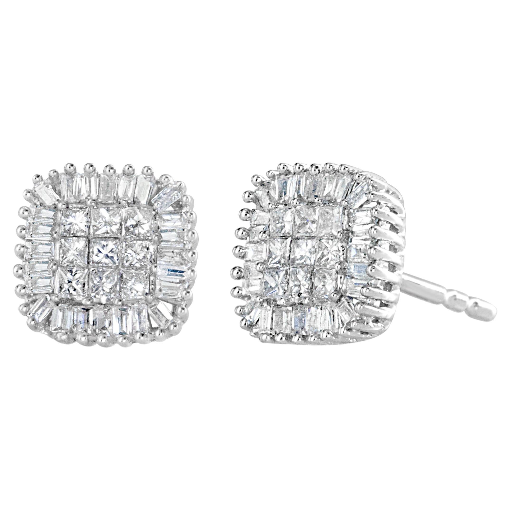 10K White Gold 1/2 Carat Princess Cut & Prong-Set Baguette Diamond Stud Earring For Sale