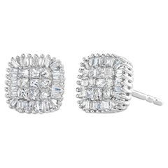 10K White Gold 1/2 Carat Princess Cut & Prong-Set Baguette Diamond Stud Earring