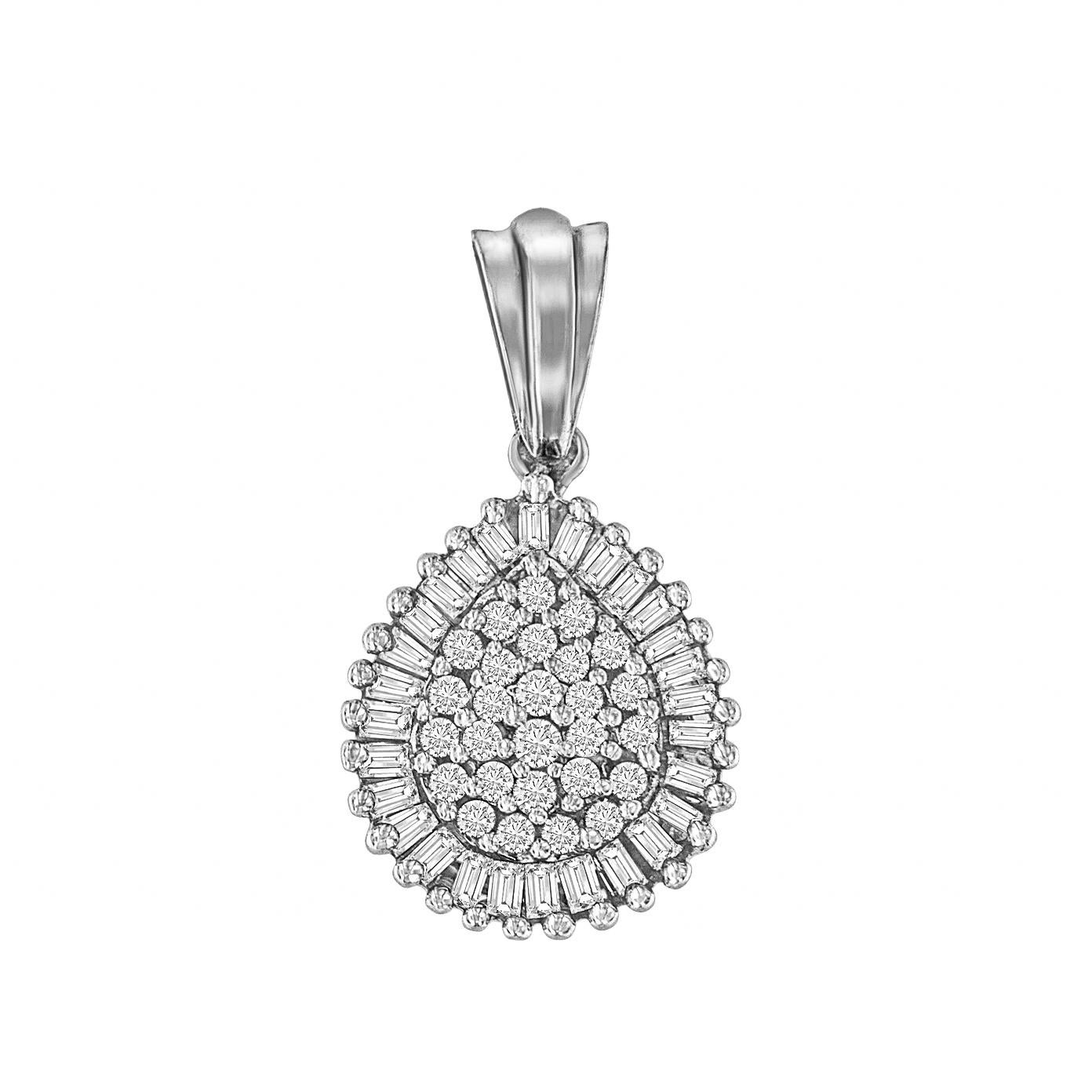 Lovely and eye-catching, this 10k white gold teardrop pendant stands out with for its cluster of natural diamonds. A line of baguette-cut diamonds surround a central cluster of round-cut diamonds in a prong setting. This 1/2 cttw necklace is a show