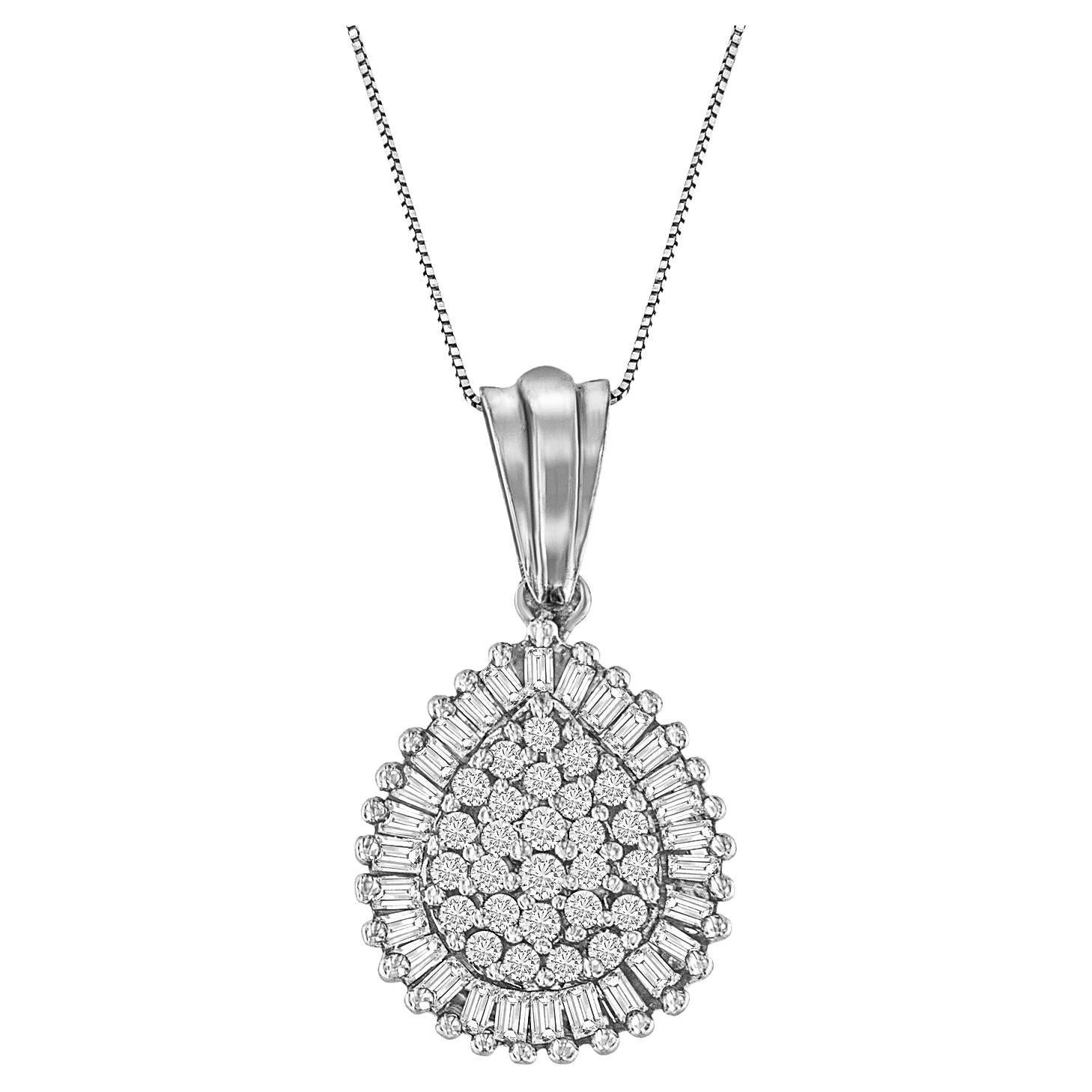 10K White Gold 1/2 Carat Round and Baguette-Cut Diamond Teardop Pendant Necklace For Sale