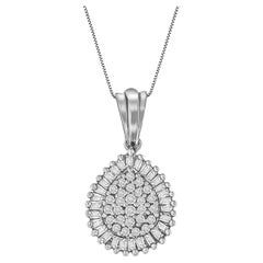 Collier pendentif en forme de goutte d'eau en or blanc 10 carats avec diamants taille ronde et baguette de 1/2 carat