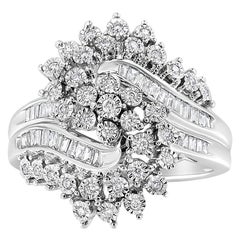 10K White Gold 1/2 Carat Round and Baguette-Cut "S" Shaped Bypass Cocktail Ring