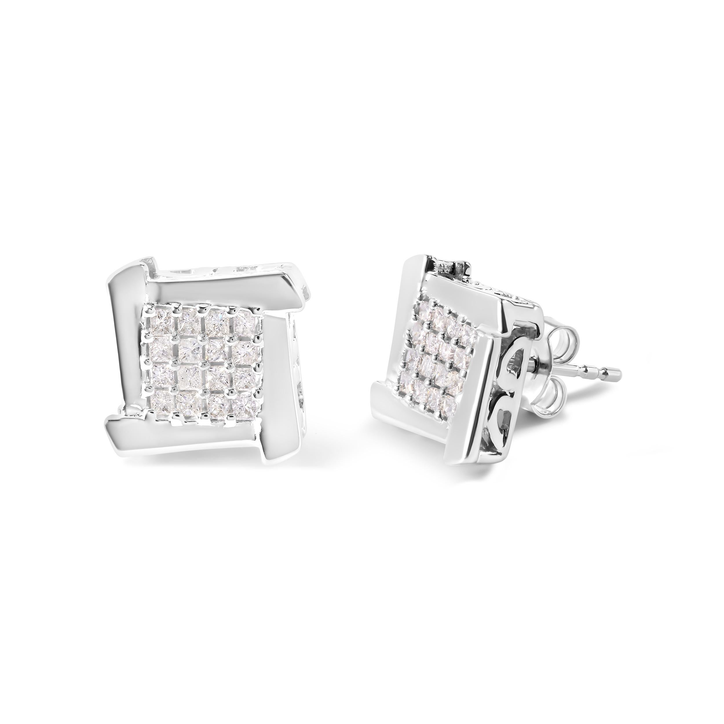 Indulge in the elegance and sophistication of these gorgeous diamond composite stud earrings. Crafted from 10K white gold, these earrings boast a stunning design of square and swirl shapes that are sure to turn heads. Featuring 32 natural princess