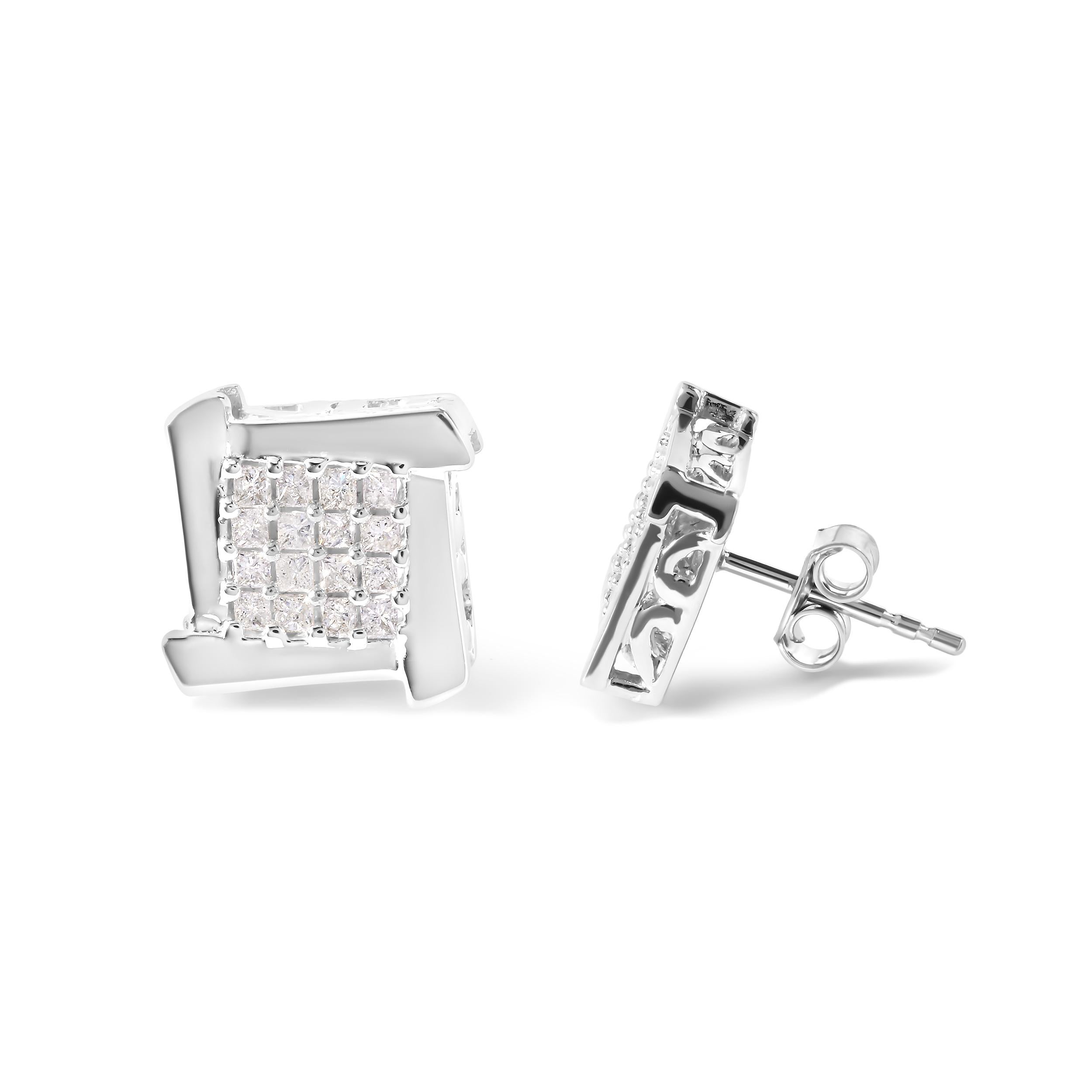 Contemporary 10K White Gold 1/2 Cttw Composite Princess Diamond Square and Swirl Stud Earring For Sale