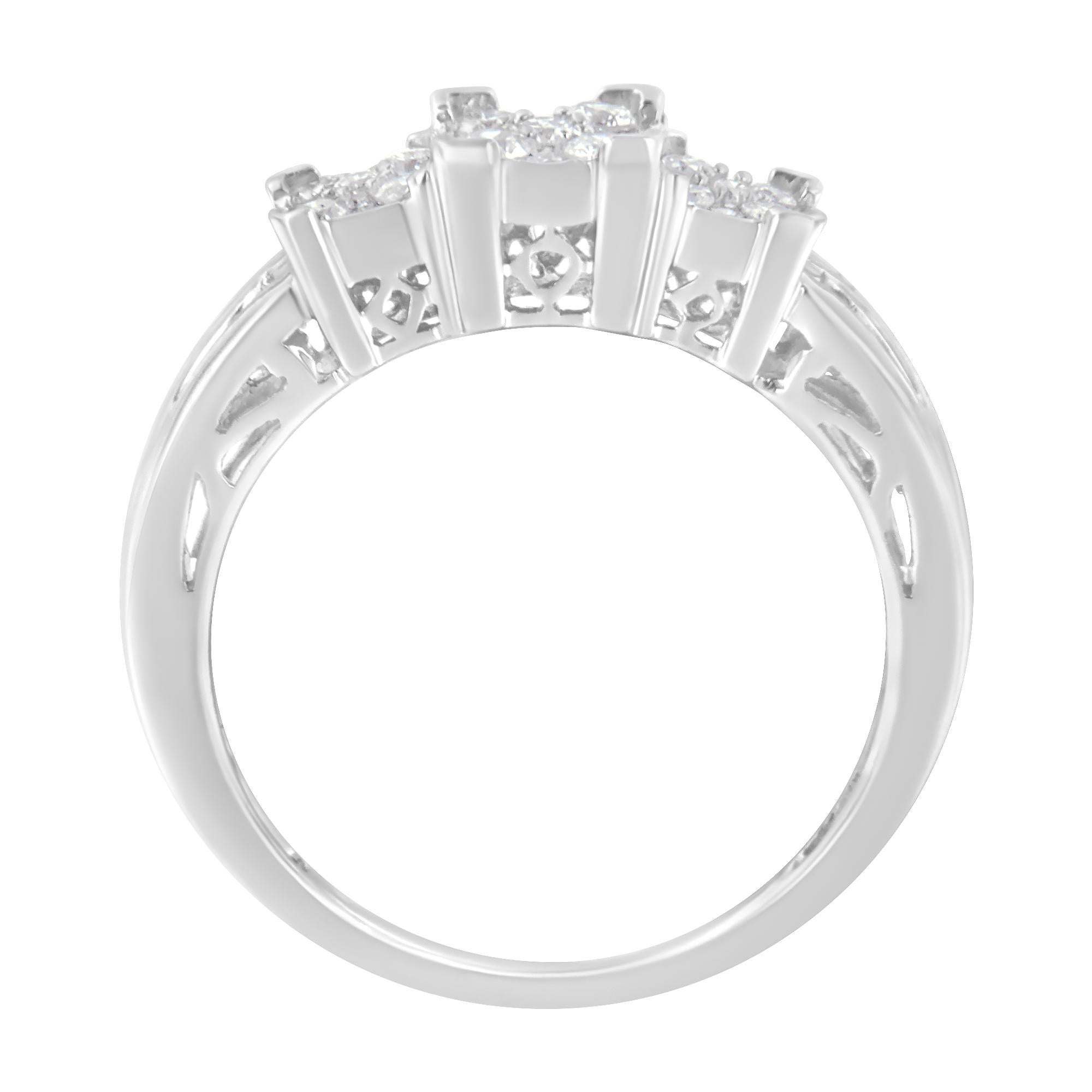 Elegant and timeless, this diamond engagement ring features 0.5 carat total weight of diamonds with a whopping 35 individual stones. The 10 karat white gold engagement ring features three square shaped clusters of nine round brilliant cut diamonds