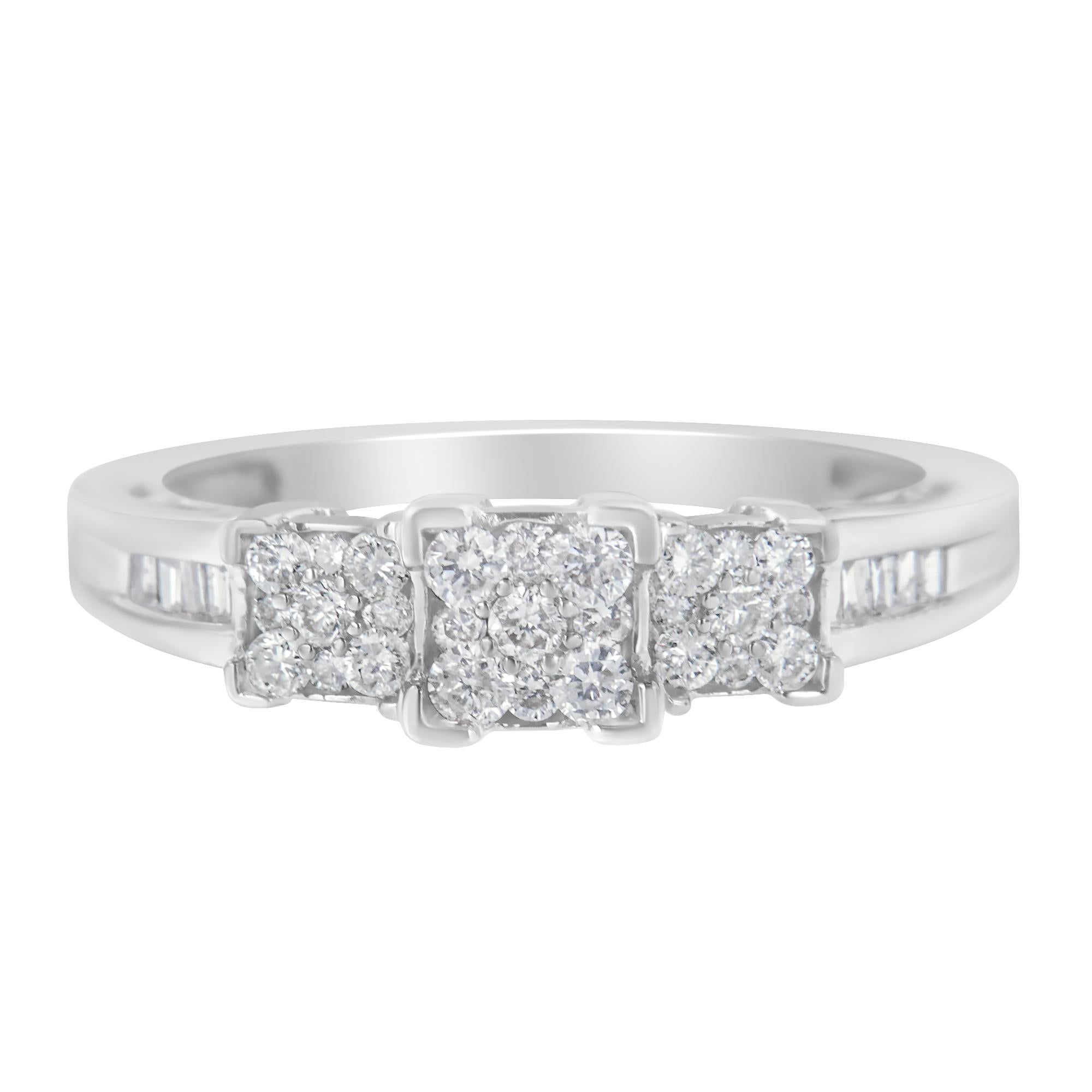 Modern 10K White Gold 1/2 Cttw Diamond 3 Stone Design with 3 Square Engagement Ring