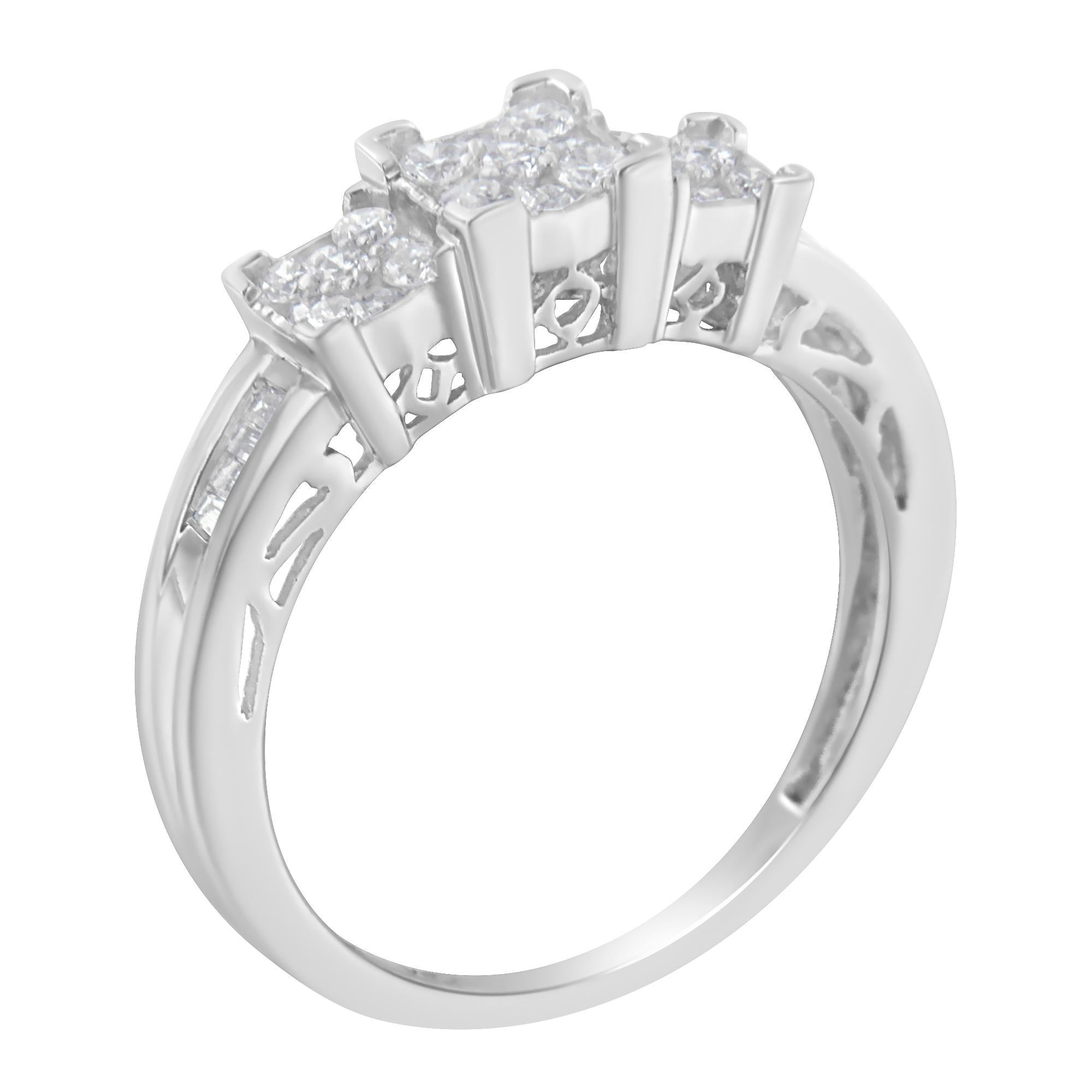 Round Cut 10K White Gold 1/2 Cttw Diamond 3 Stone Design with 3 Square Engagement Ring