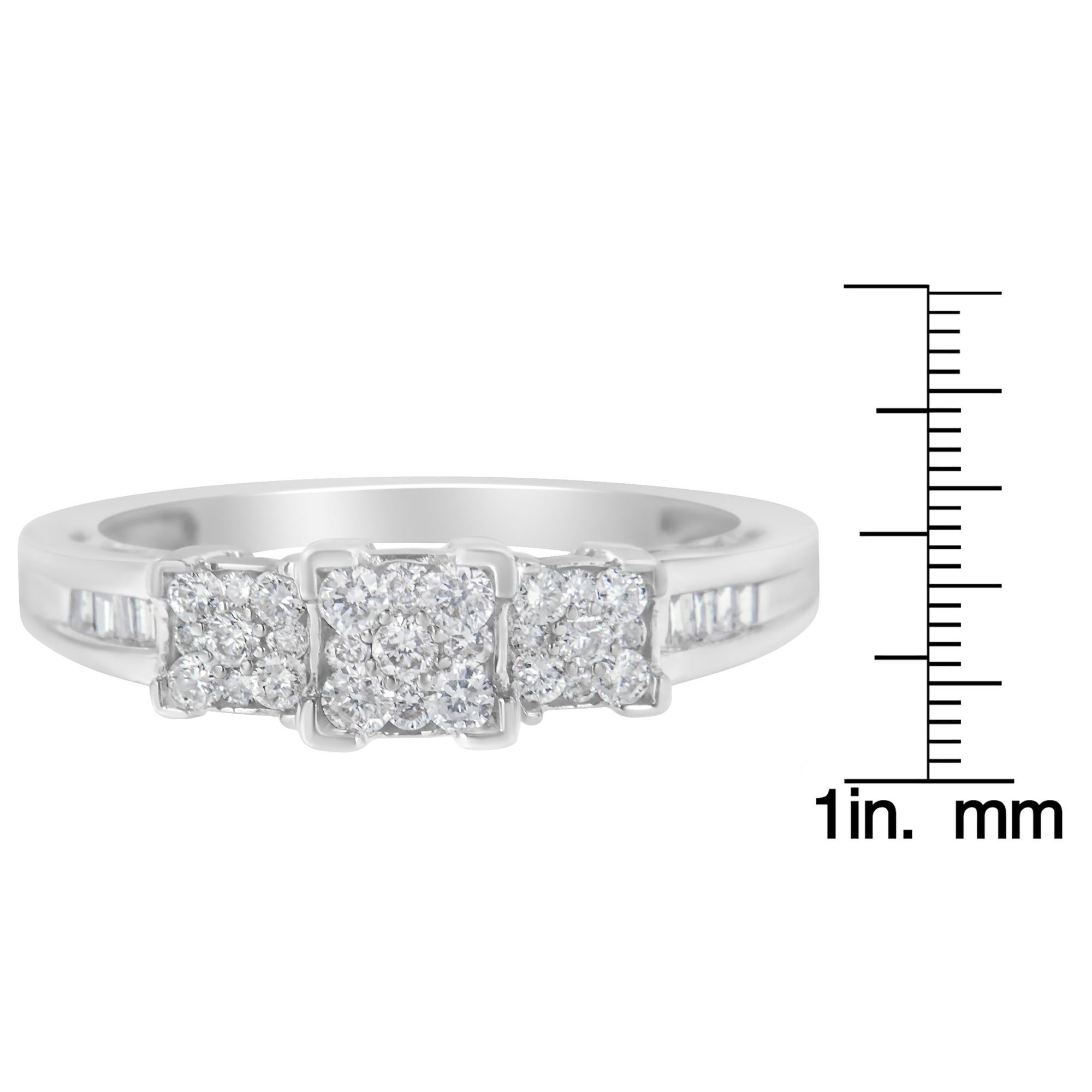 10K White Gold 1/2 Cttw Diamond 3 Stone Design with 3 Square Engagement Ring In New Condition In New York, NY