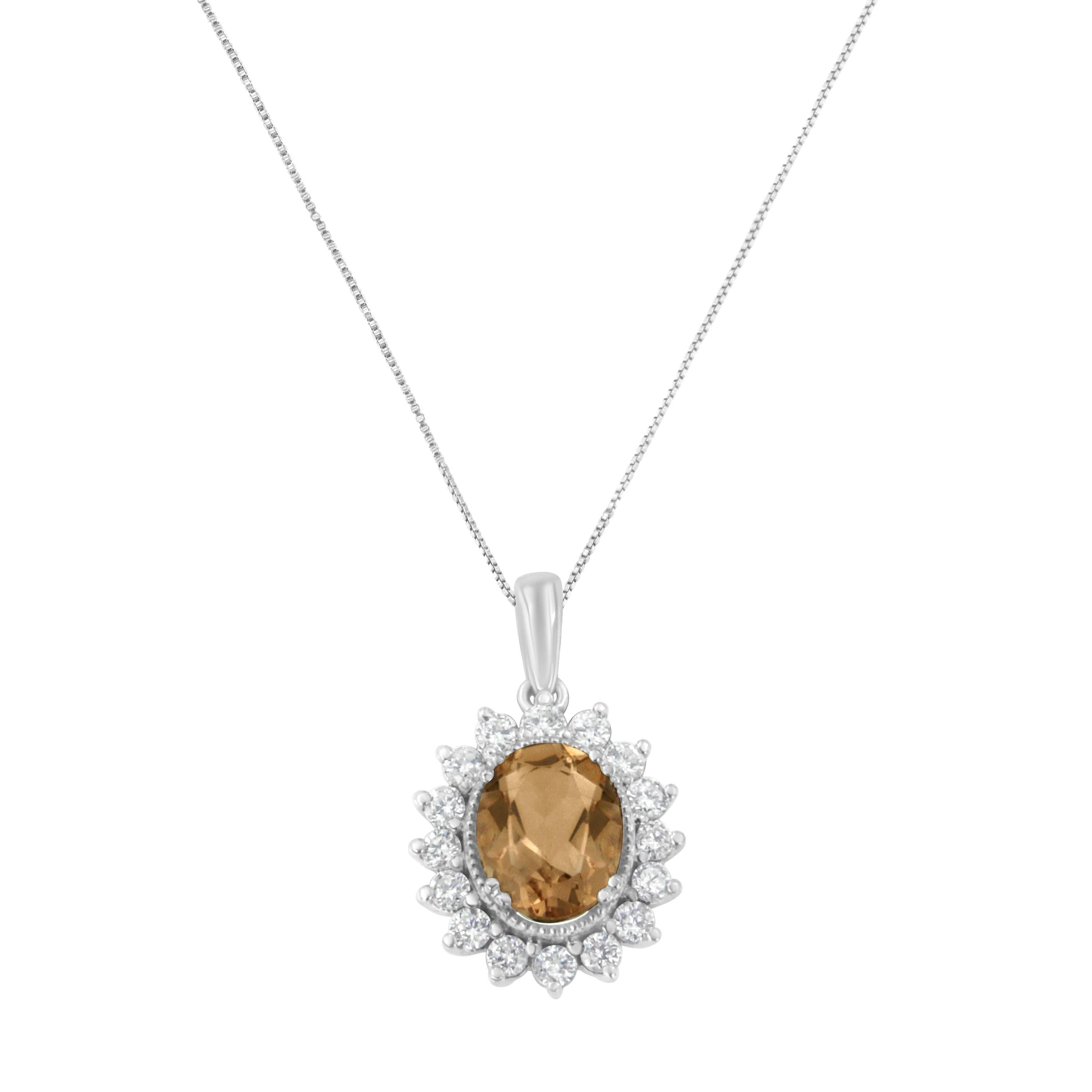 A gleaming row of 1/2ct round cut diamonds create a frame around a beautiful gemstone. A stunning 1 1/2ct oval morganite is the centerpiece for this exquisite pendant that softly dangles from a box chain.

'Video Available Upon Request.'

Product