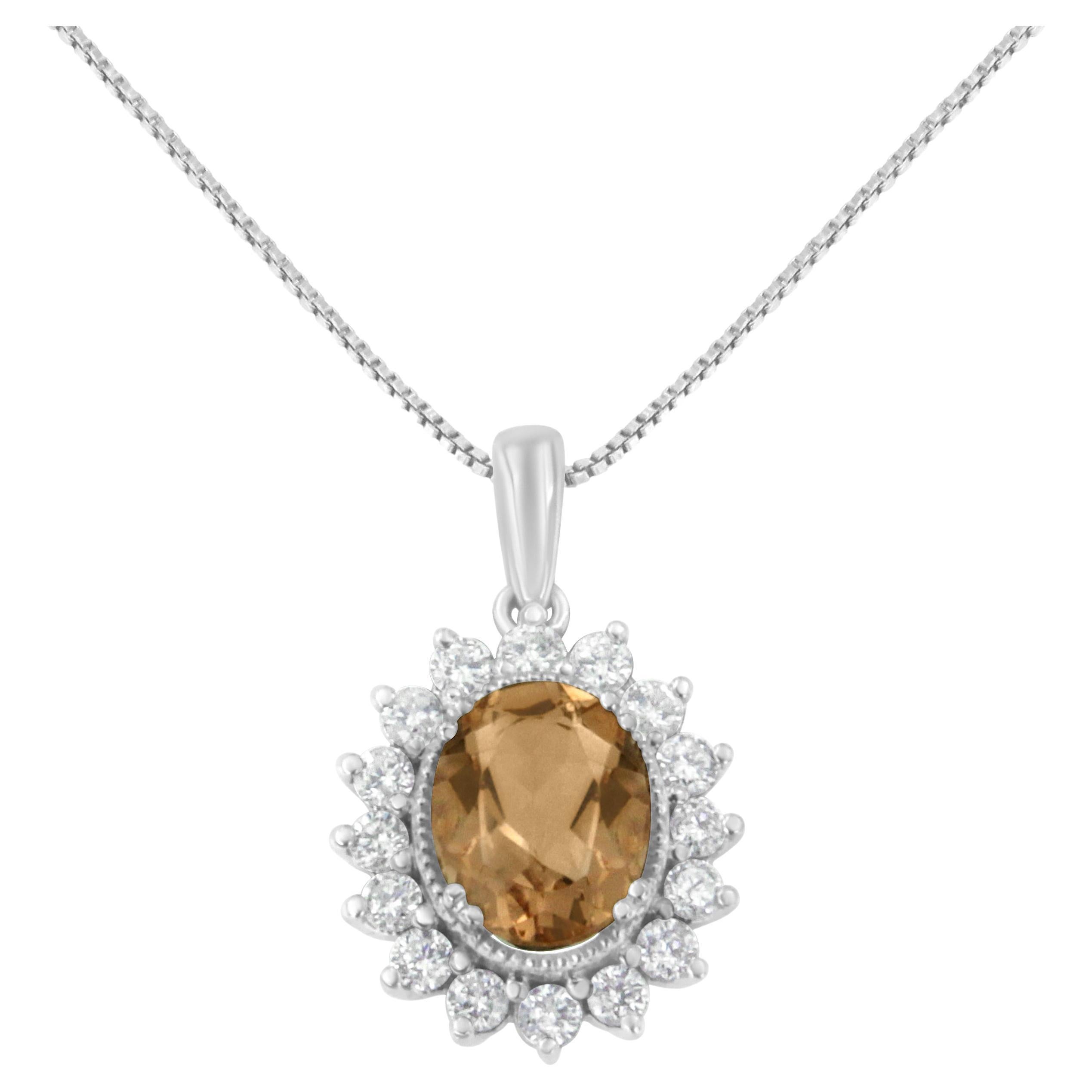 10K White Gold 1/2 Cttw Diamond and Morganite Gemstone Oval Pendant Necklace For Sale