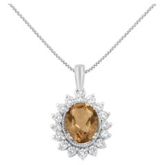 Collier pendentif ovale en or blanc 10 carats avec diamants 1/2 carat au total et morganite