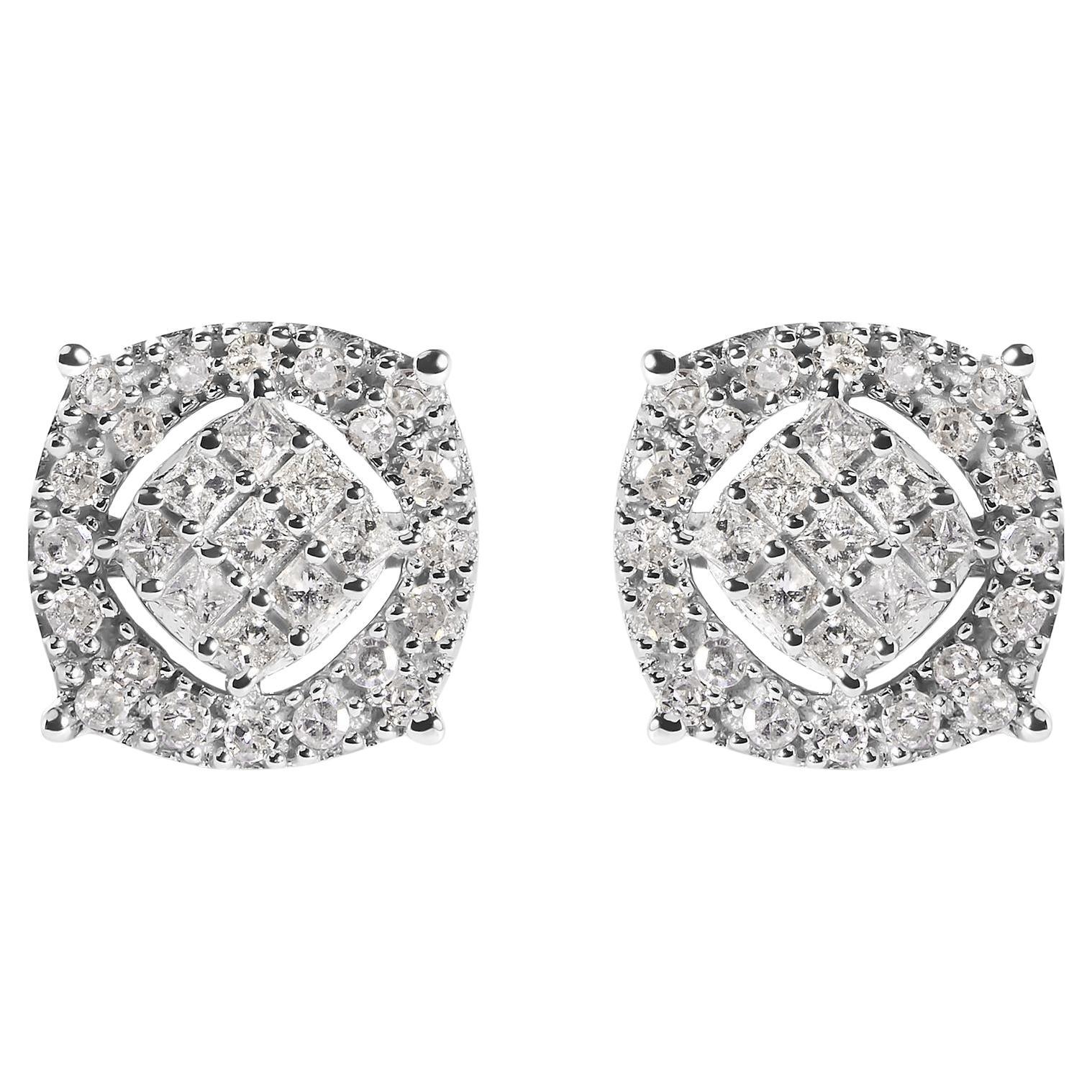 Orecchini con perno composito a forma di cuscino con diamante da 1/2 cttw in oro bianco 10K