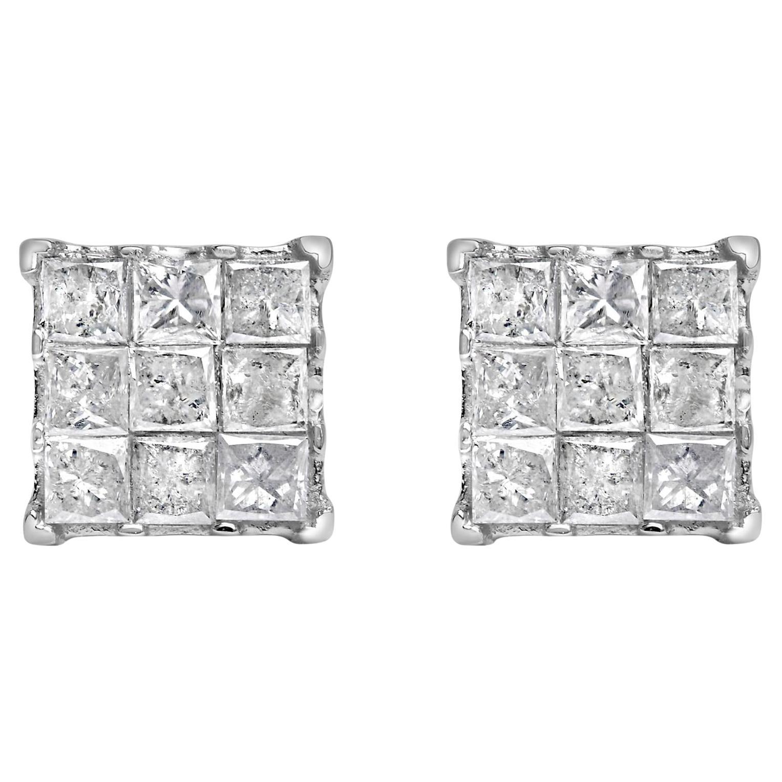 Orecchino con perno composito in oro bianco 10K con diamante taglio principessa da 1/2 Cttw a 9 pietre