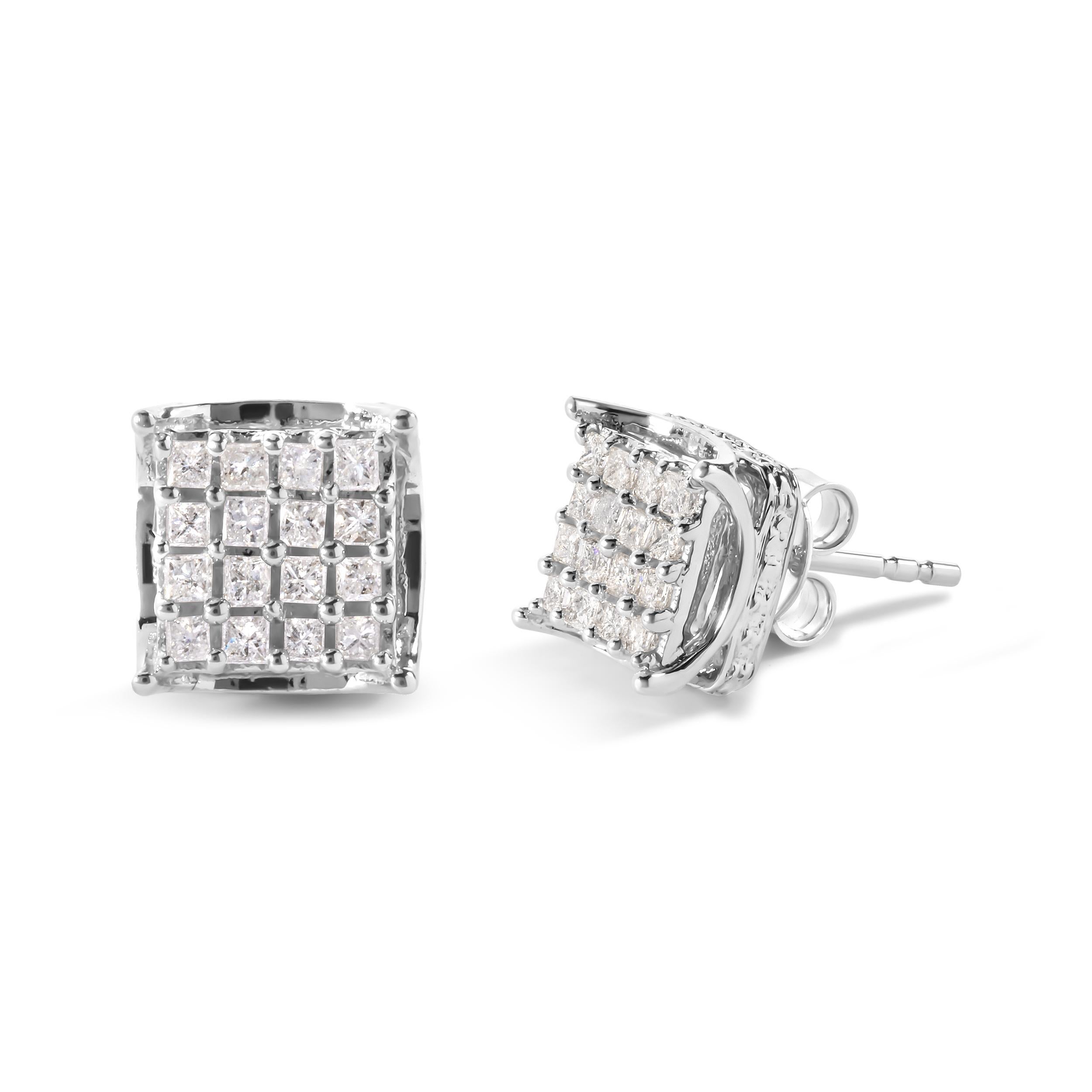 Indulge in the ultimate luxury with these stunning 10K White Gold Princess Diamond Classic Composite Stud Earrings. Perfect for any occasion, these earrings boast a total weight of 1/2 cttw and 32 dazzling diamonds that are carefully set in a prong