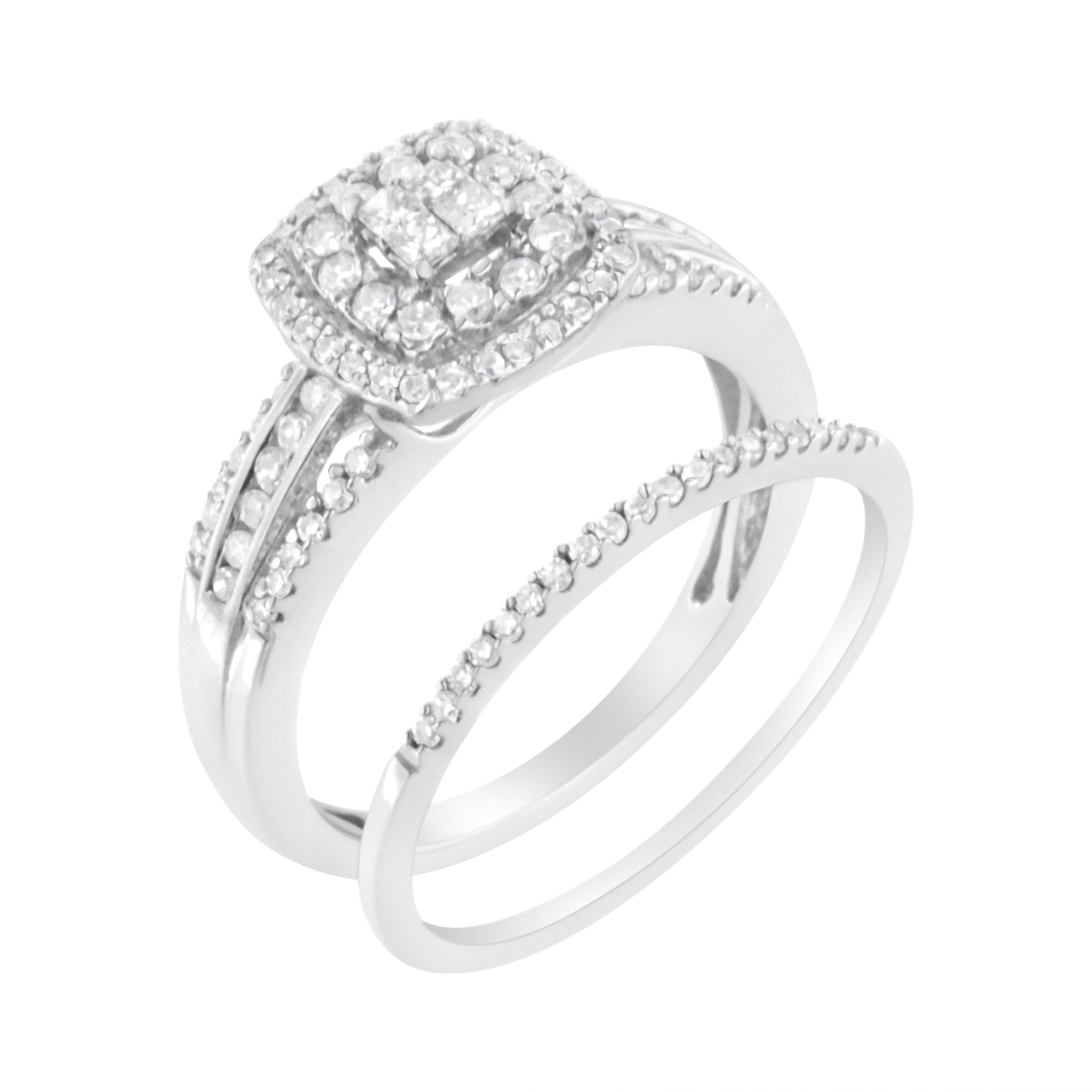 Celebrate your love with this gorgeous engagement ring and band set. The ring is designed with a classic square motif embellished with stunning, natural round and princess-cut diamonds. The band is elegant and slender and set with sparkling