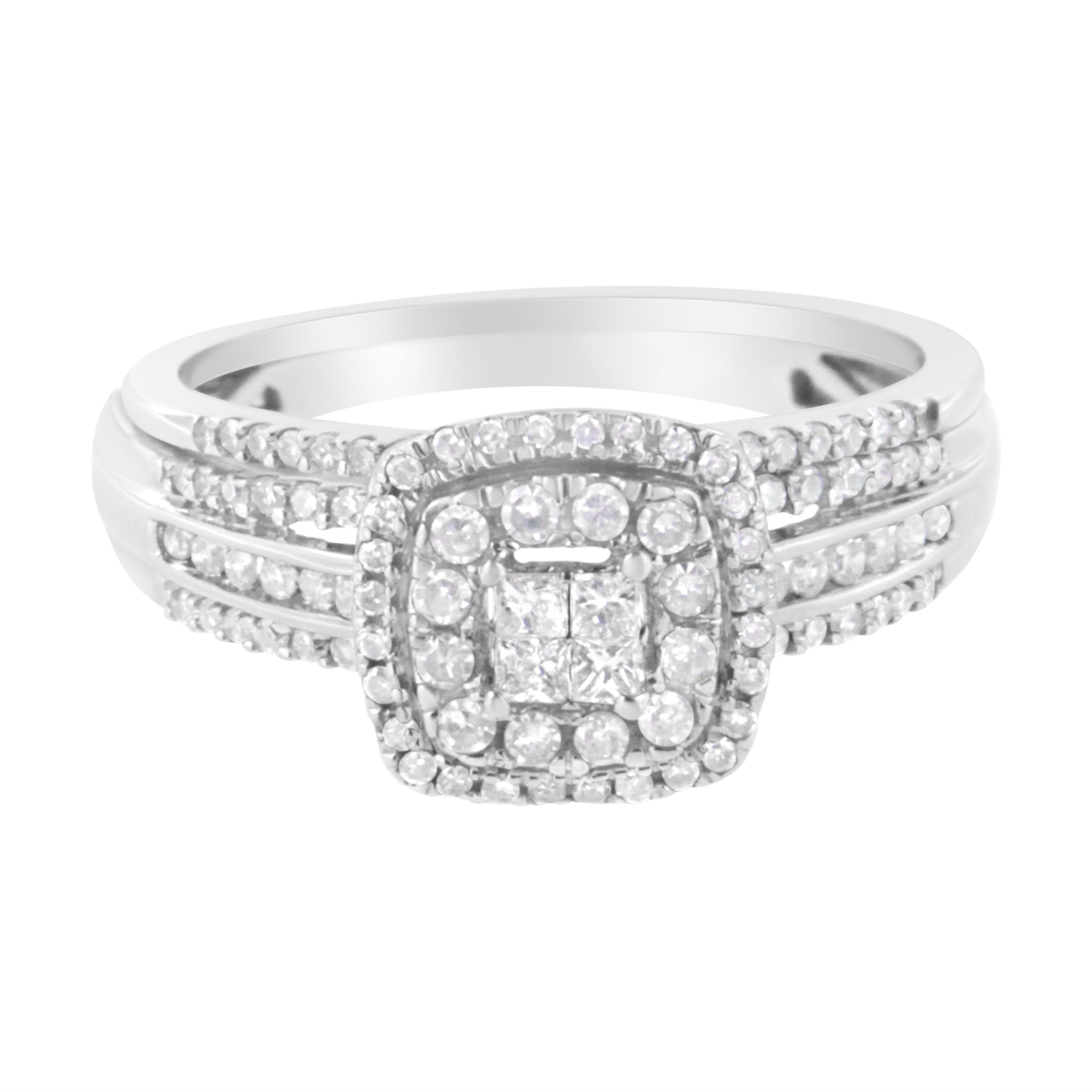 Modern 10K White Gold 1/2 cttw Round and Princess Diamond Engagement Ring and Band Set For Sale