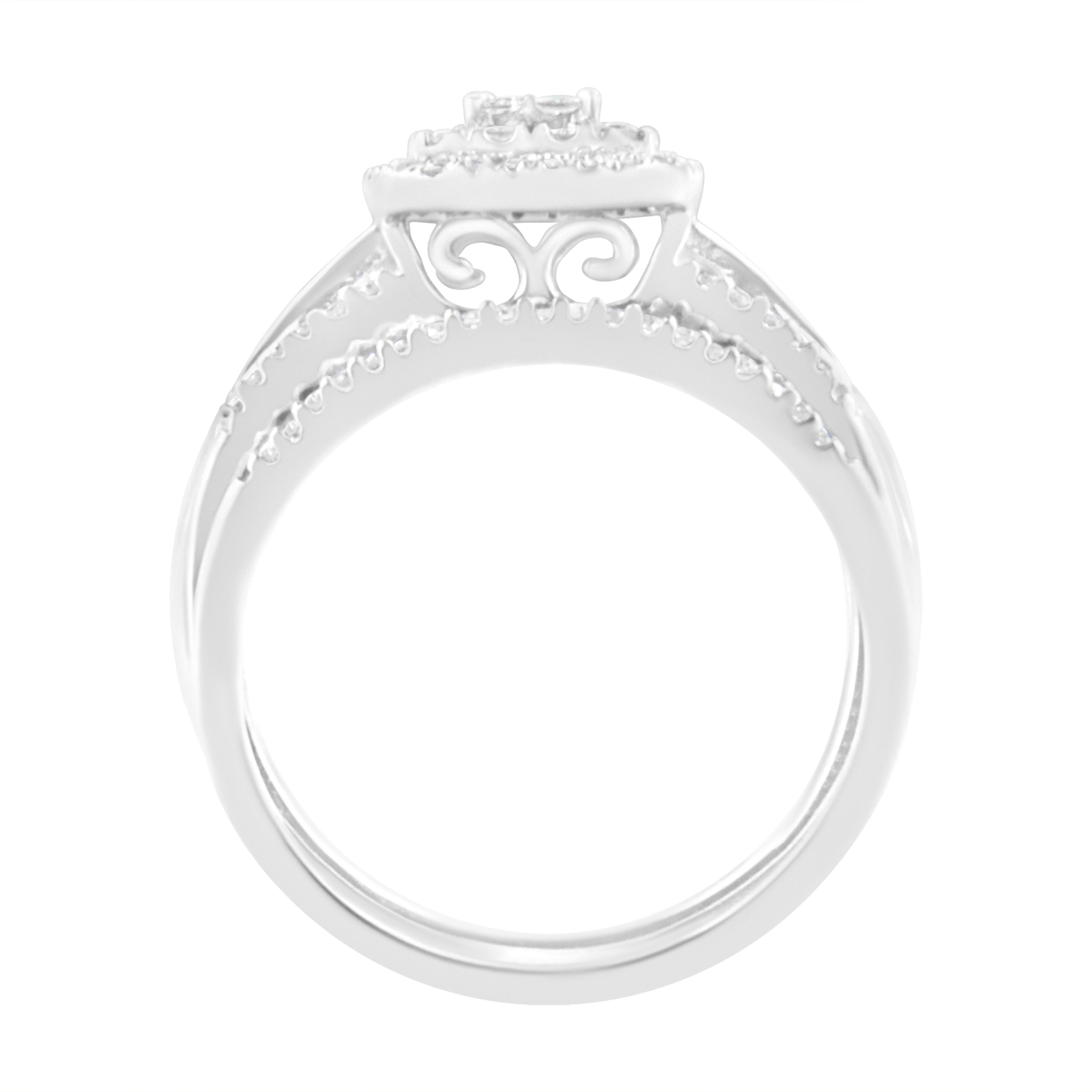 Princess Cut 10K White Gold 1/2 cttw Round and Princess Diamond Engagement Ring and Band Set For Sale