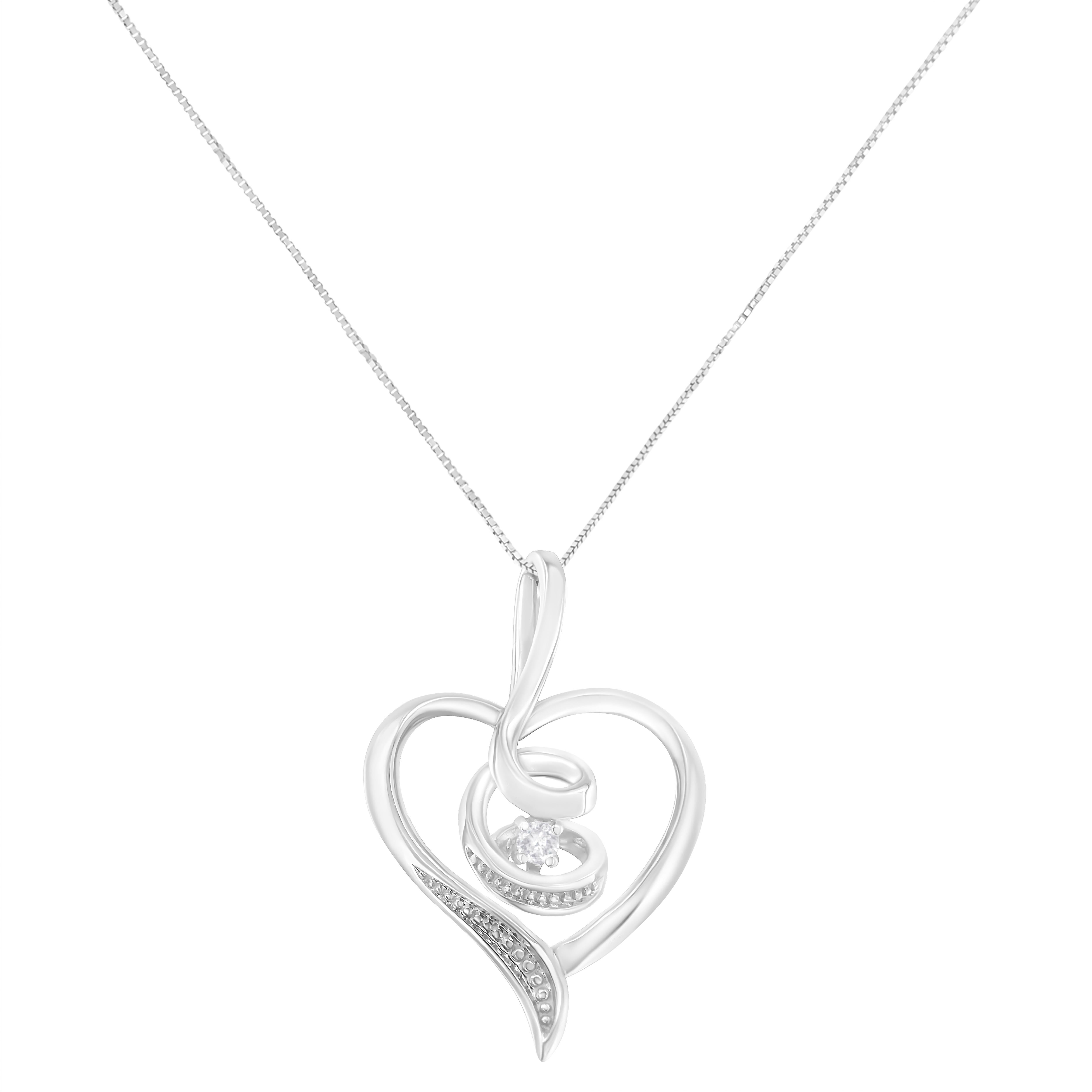 Symbolizing a love that never ends, this impeccably designed 10k white gold heart pendant swirls at the center and sparkles with a scattering of diamonds. This pendant dangles from an 18'' long box chain with a spring ring clasp. It's a classic